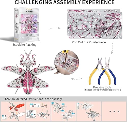Miniatura 6 de JOMIOD Rompecabezas de metal 3D, kits de modelos de metal Mantis, broche de moda de animales con temática de insectos, rompecabezas 3D para