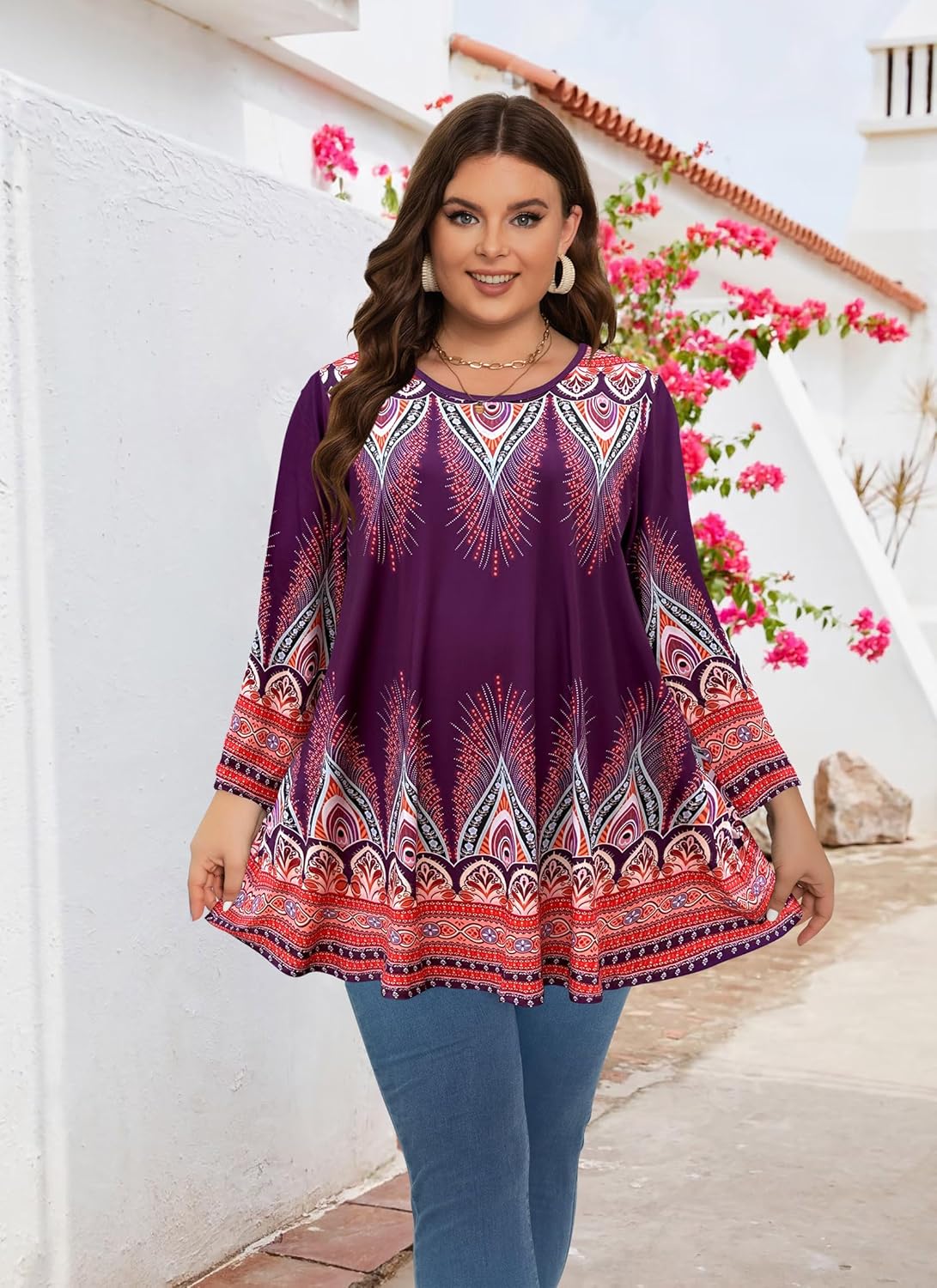 Womens Tunic 3/4 Sleeve Plus Size Tops Crew Neck Swing Flowy Loose Fit T-Shirt Blouses to Wear with Leggings - Image 2