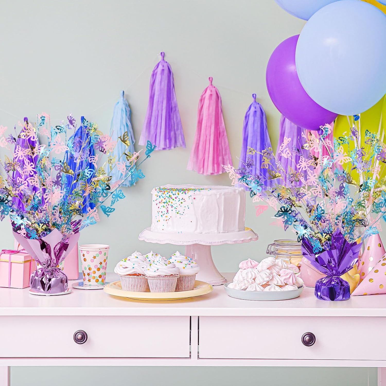 3 Piece Butterfly Foil Spray Table Centerpieces for Birthday Party | Metallic Gleam Finish, Glitter Butterfly Branches, Table Decor for Butterfly Theme Birthday Baby Shower Spring Party