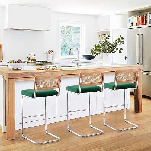 Miniatura 10 de Juego de 2 taburetes de bar de 30 pulgadas de altura con respaldo de ratán, taburete de bar tapizado de terciopelo, marco de metal en acabado