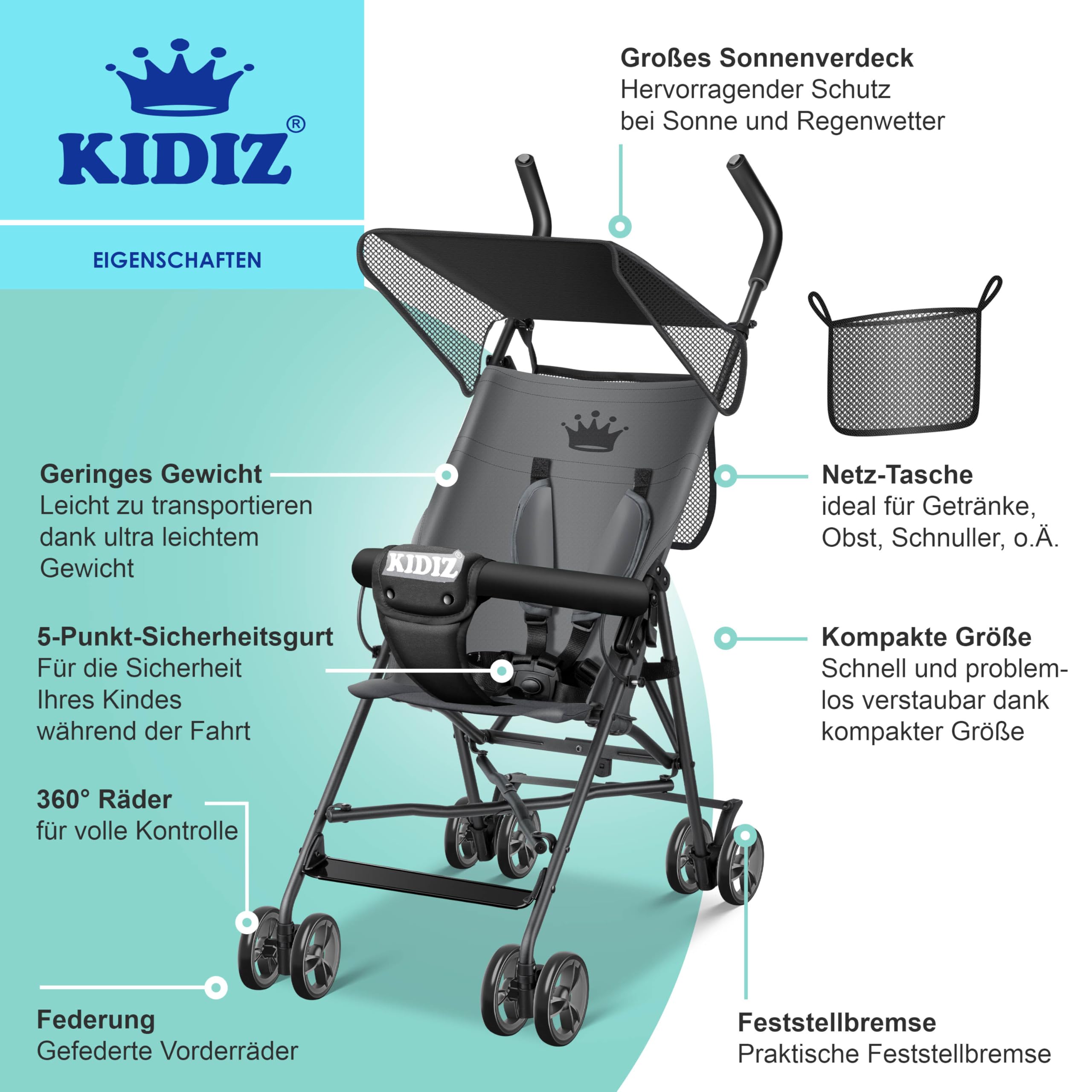 KIDIZ® Kinderwagen CITY Buggy Kinderbuggy klappbar Sportwagen Faltbar 360° 4-Zoll-Räder Inkl. Sonnen- und Regenverdeck zusammenklappbar 5-Punkt-Sicherheitsgurt ab 6 Monate, Anthrazit