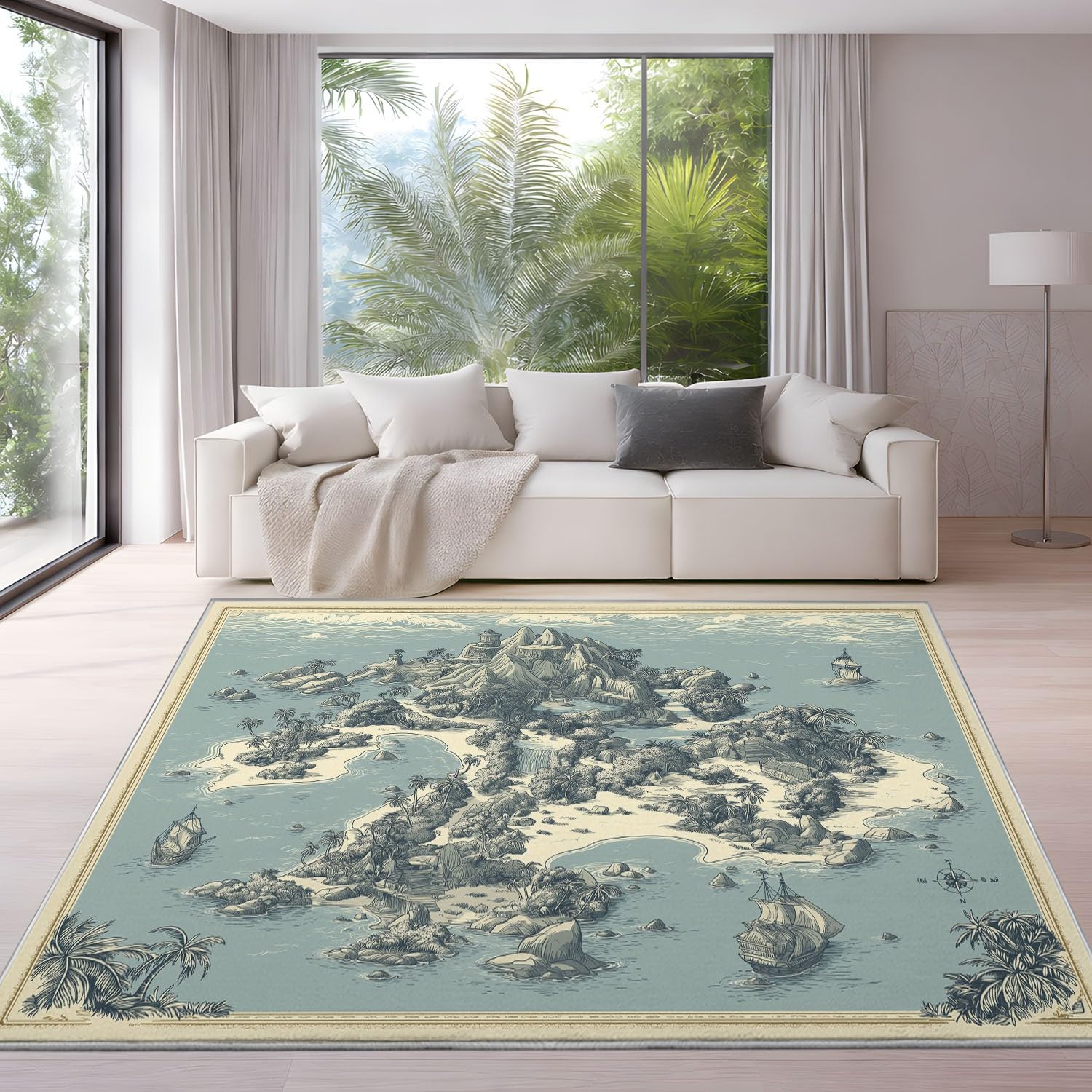 Generico Tappeti stampati 160 x 230 cm, Vintage classico Tappeto antiscivolo Montagna spiaggia giungla linee mappa Studio sala giochi, Tappeti lavabili, Blu grigio