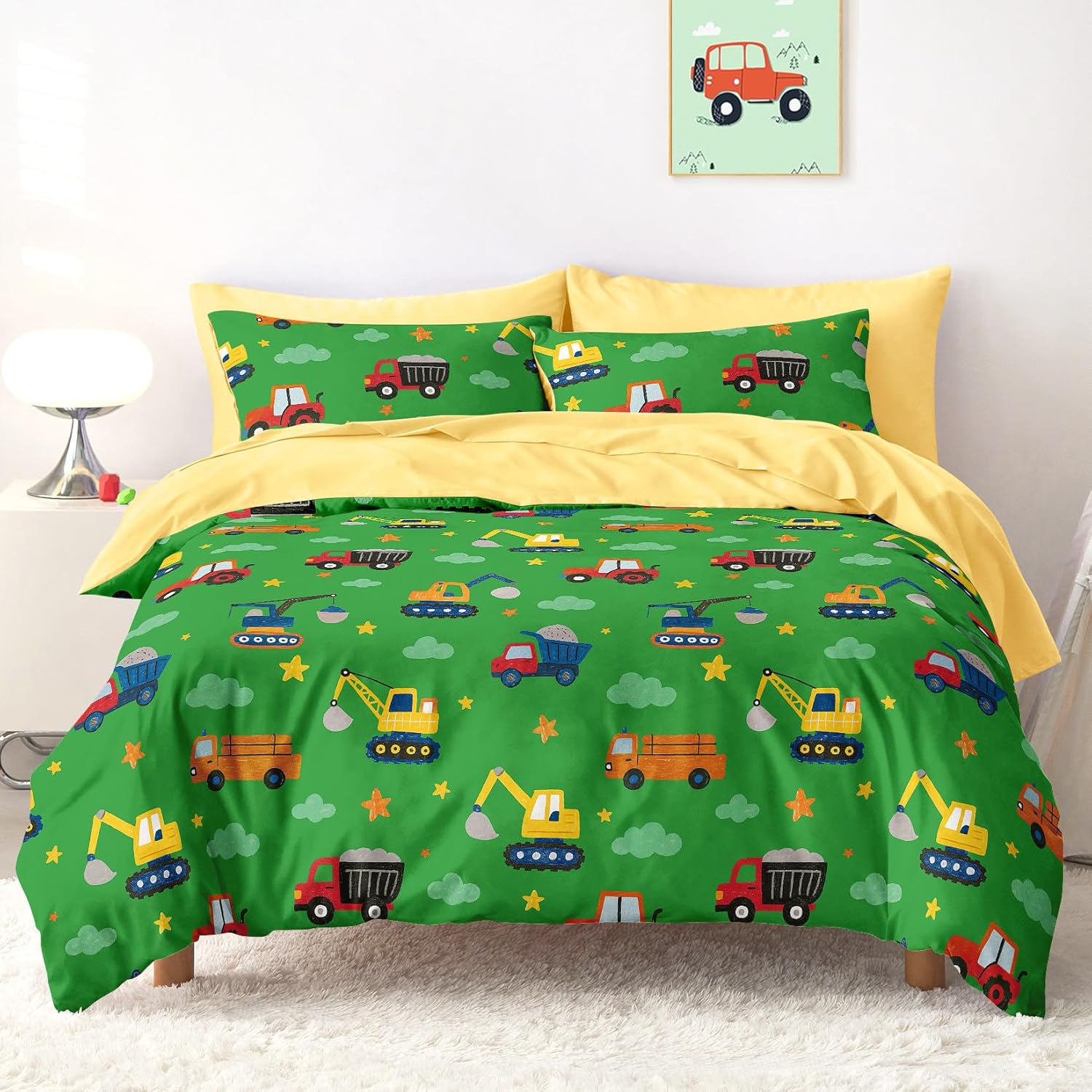 Wake In Cloud - Construction Car Bedding Set for Boys, Excavator Truck Crane Tractor, Soft Lightweight Comforter Set with Sheets, 5 Pieces Kids Bed in a Bag, Yellow, Twin Size