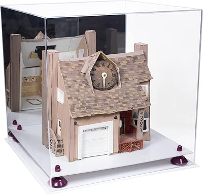 Better Display Cases Acrylic Versatile Display Case - Large Square Box with Mirror Case, Purple Risers and White Base 15.5