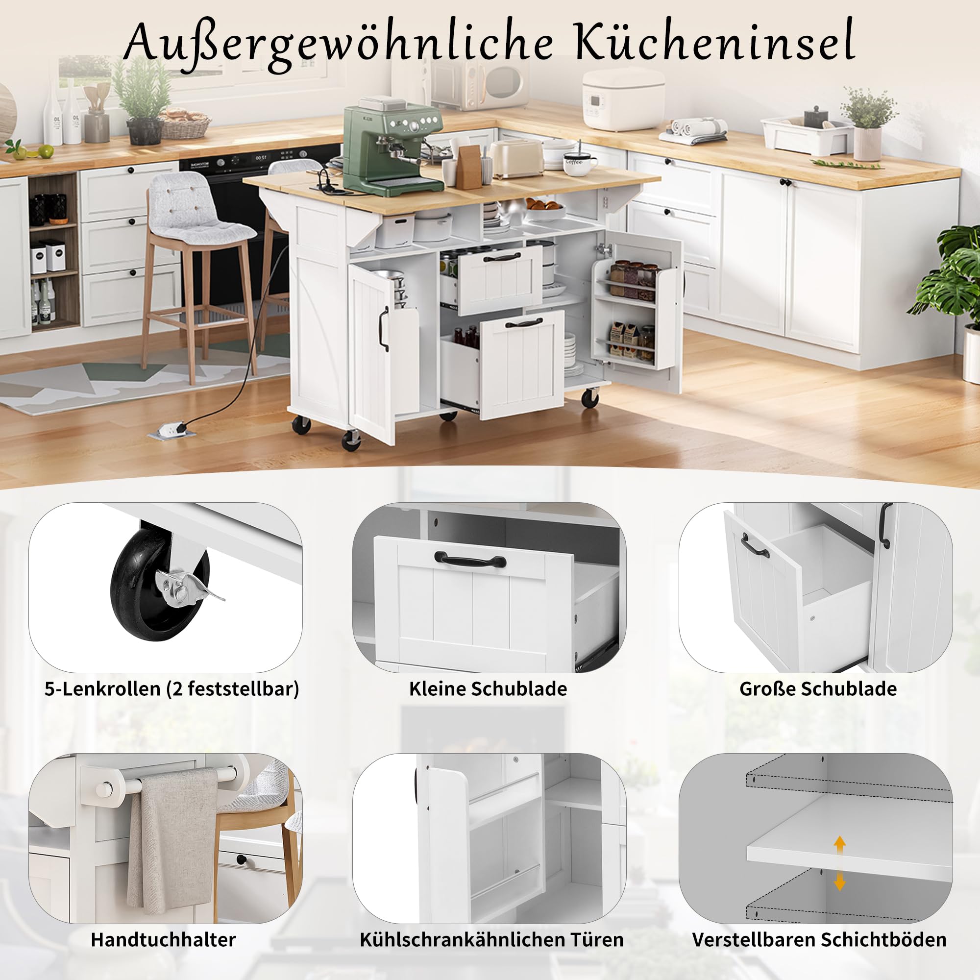 Kücheninsel mit Rollen & ausziehbarem Esstisch, Mobile Kücheninsel mit Steckdosen, Schubladen & Handtuchhalter, Platzsparender Küchenwagen klappbar für kleine Küchen & Esszimmer (Weiß)