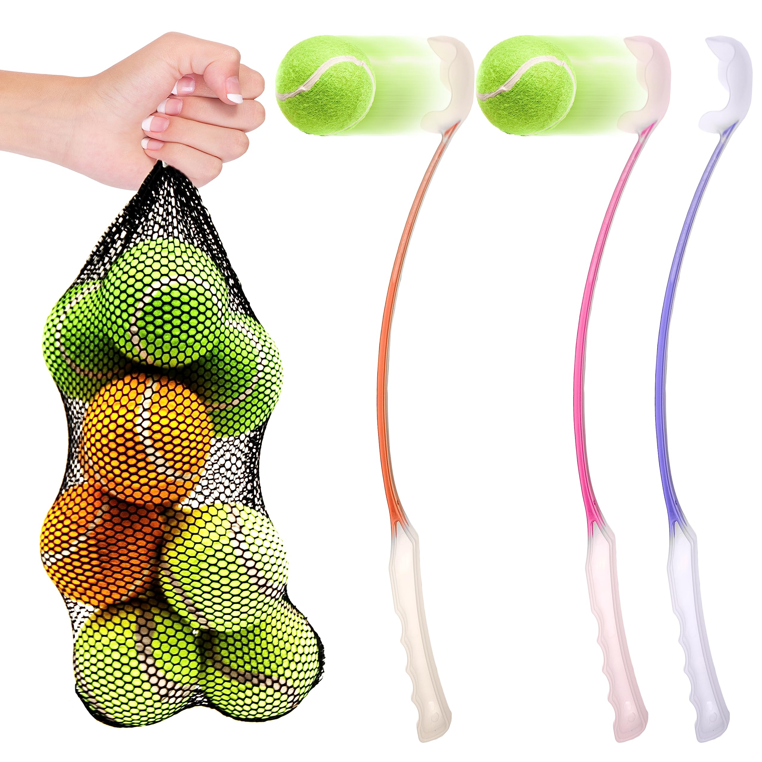 Petopedia 2 x 64cm Long Dog Ball Launcher with 10 Tennis Balls - Assorted Dog Toys, Strong Grip, Hands Free Pick Up Throw, Chase, Fetch Play (2x Thrower + 10 Balls)