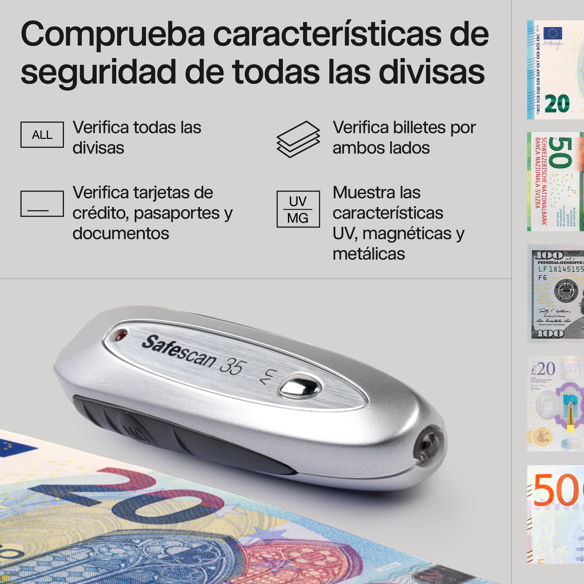 Safescan 35 Detector de billetes falsos portátil, verifica billetes, tarjetas de crédito y documentos - Detector UV para nuevos billetes - Detector billetes falsos con luz UV - Detector con luz UV
