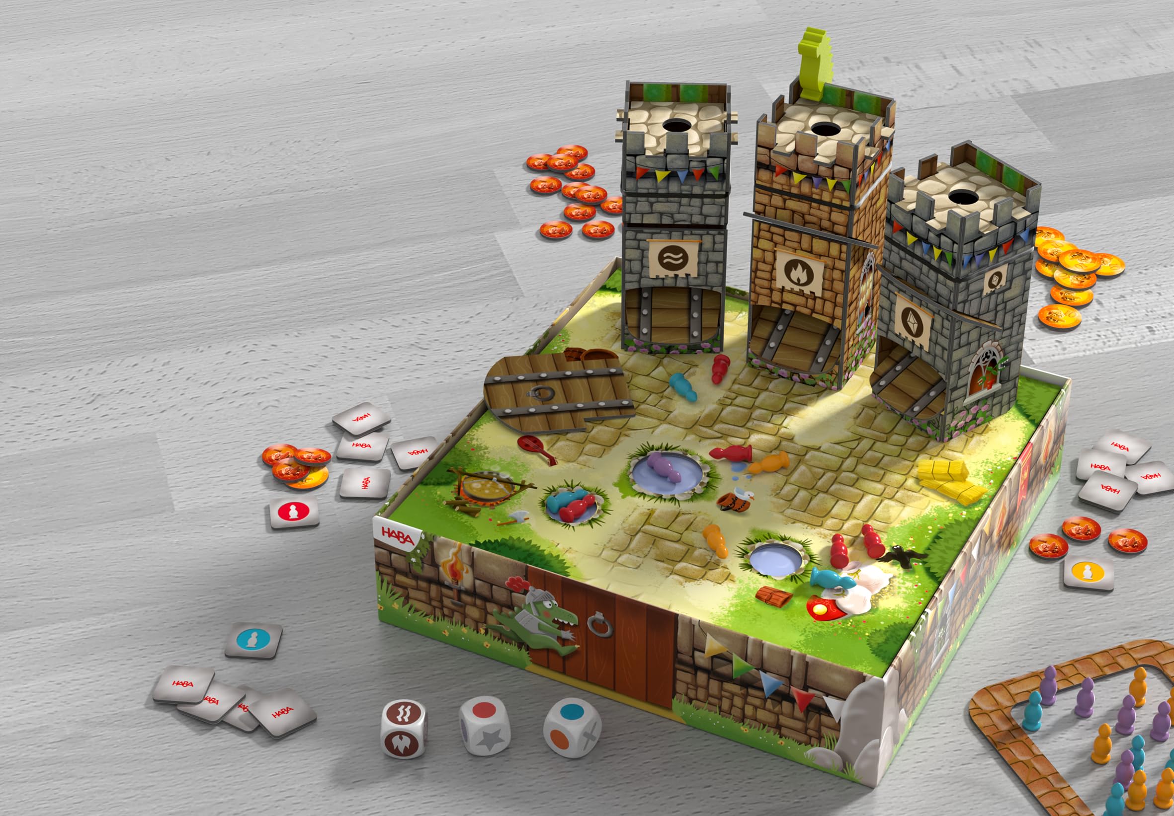 HABA Rumpelritter & Das große Drachen-Spektakel – Neu aufgelegter Spielklassiker mit beeindruckendem 3D-Turmaufbau – Für Kinder ab 4 Jahren – 2011721001