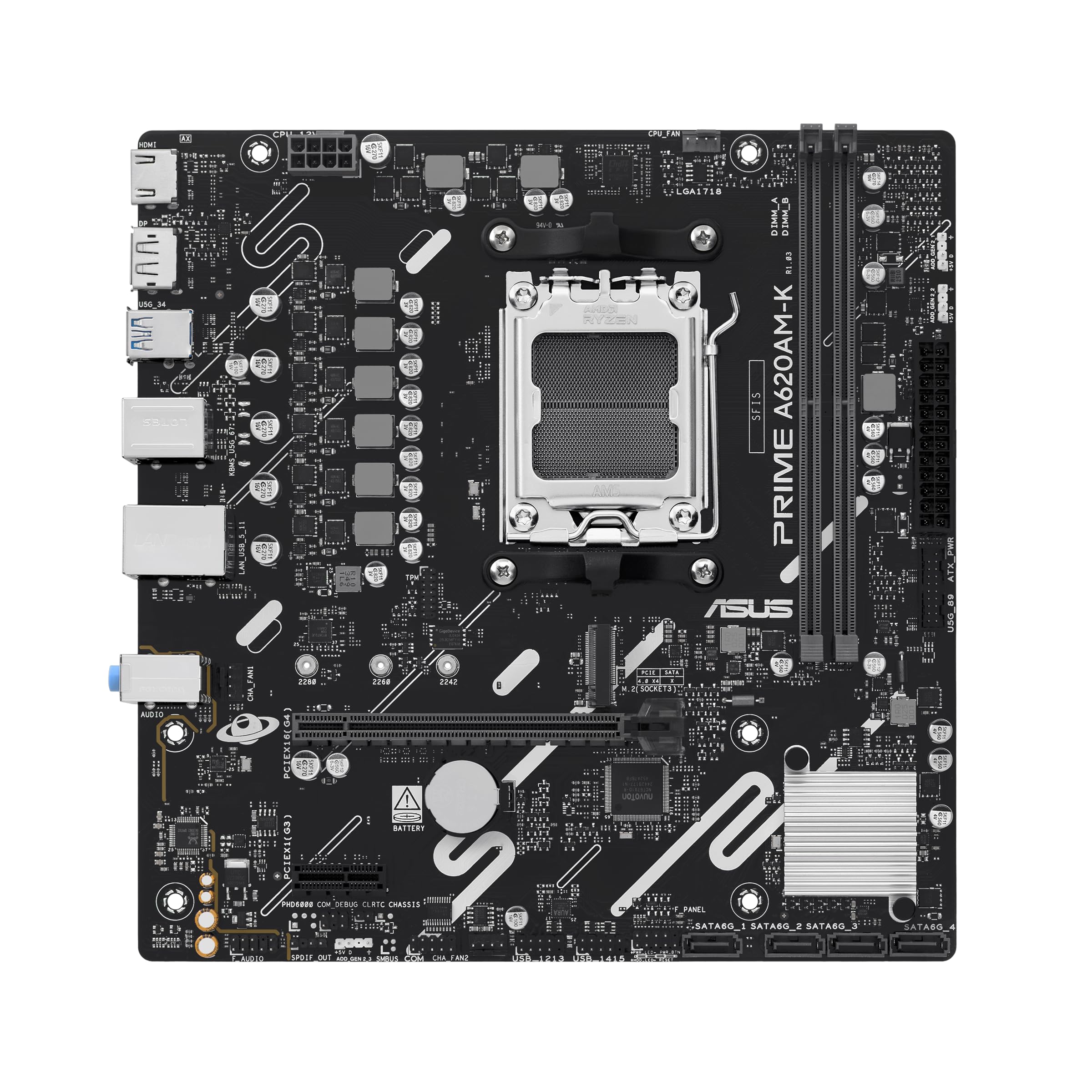 ASUS Prime A620AM-K mATX-Mainboard (DDR5, PCIe 4.0 x16 und PCIe 4.0 M.2-Unterstützung, Realtek 1-Gb-Ethernet, DisplayPort, HDMI™, USB 5 Gbit/s Typ A hinten und vorne, SATA 6 Gbit/s, Aura Sync)