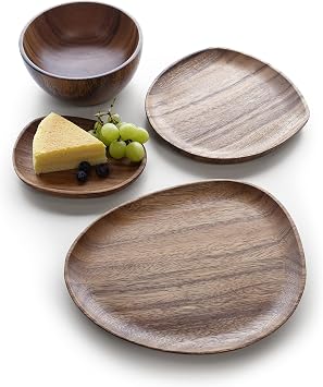 Foree Wooden Dinnerware Set 4-Piece Acacia Wood Tableware | Large, Medium, Small Plates & Salad Bowl | Handcrafted Solid Wood Serving Set