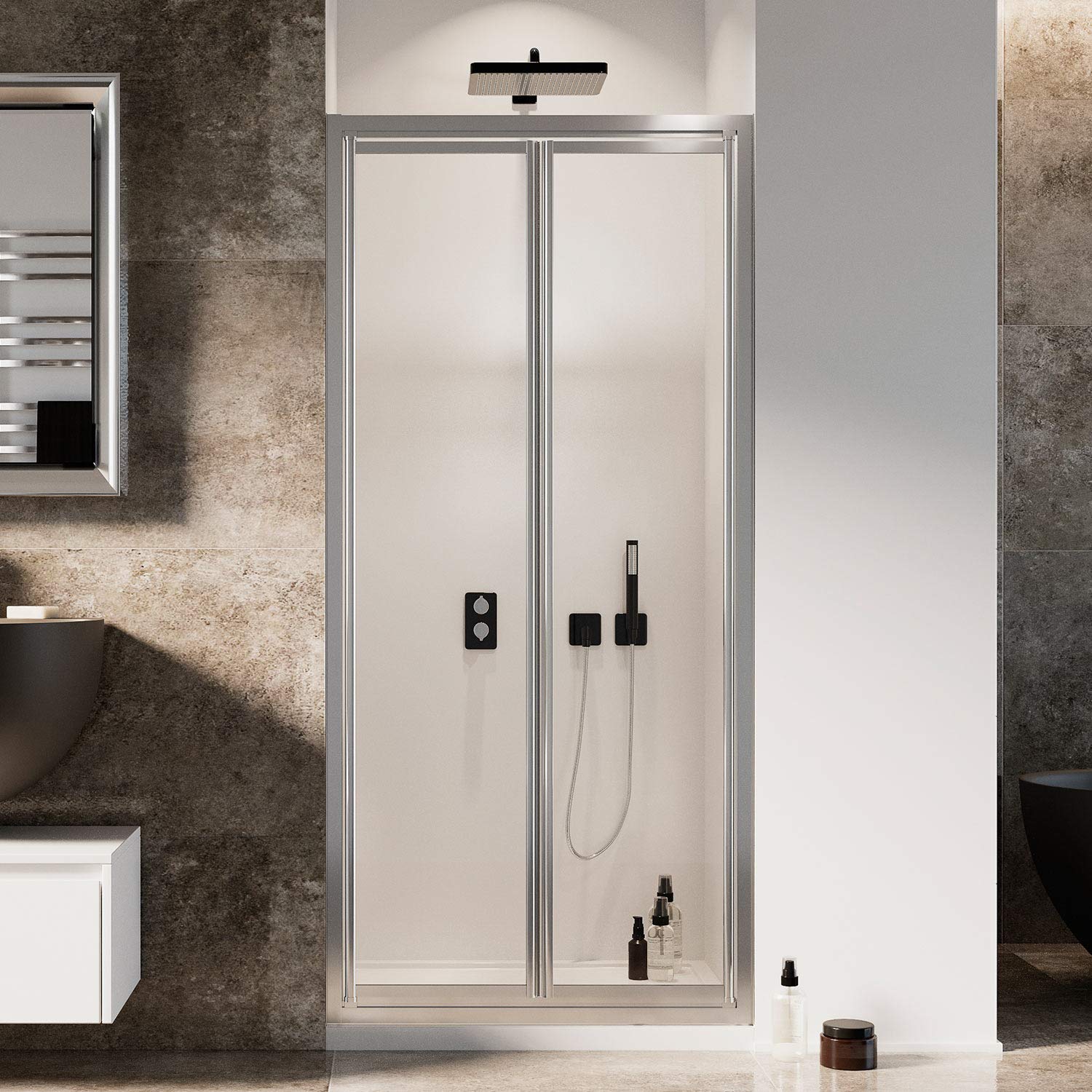 Idralite Porte de Douche 70CM H185 Verre Transparent Ouverture Saloon avec 2 parois pivotantes Mod. Clint