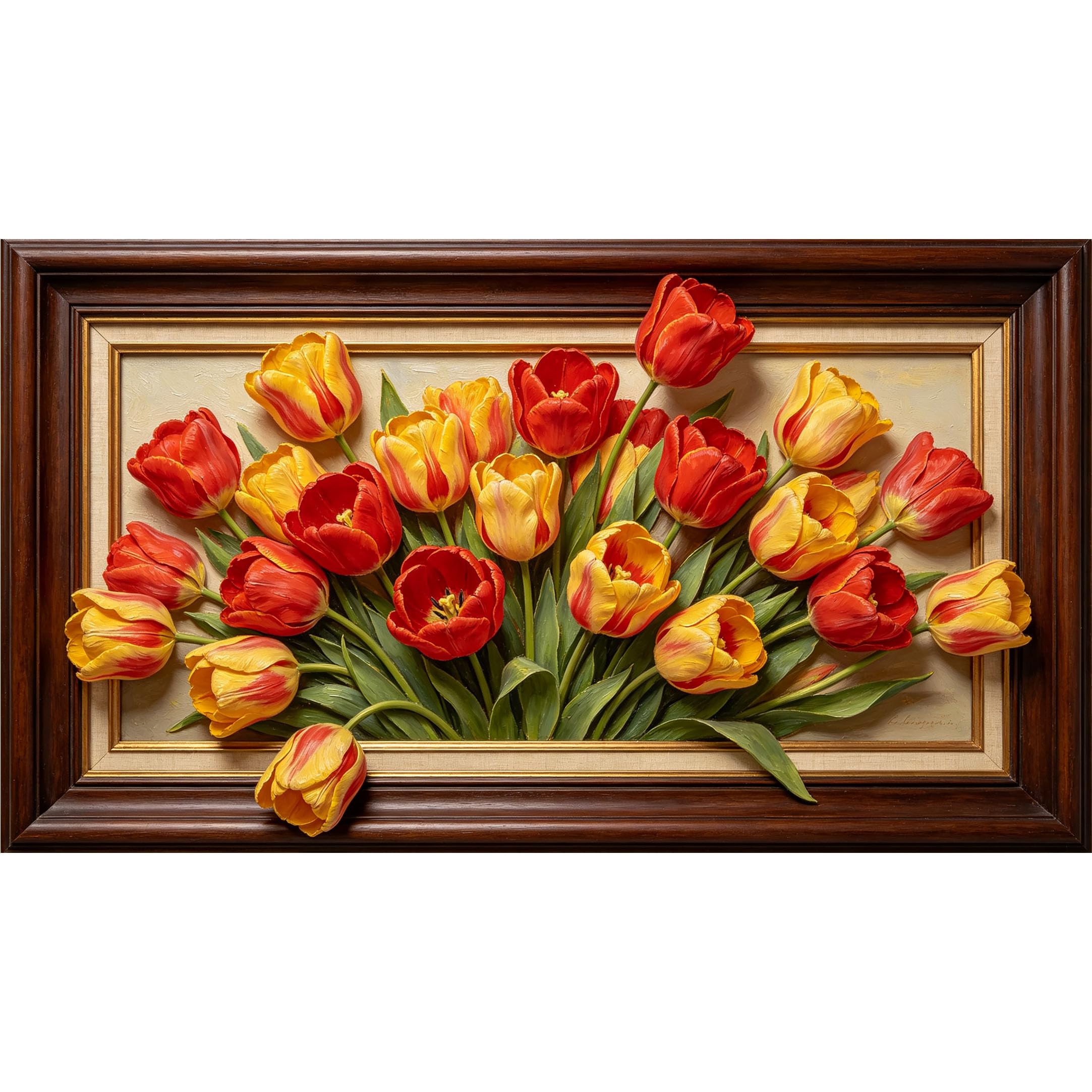 QZLITHOTIC 50x90cm3D Framed Wall Art， Botanical Tulip Bouquet Oil Painting Style Self‑Adhesive Mural， Water‑Activated Peel & Stick Fabric Decor Wall Decal for Bedroom Living Room