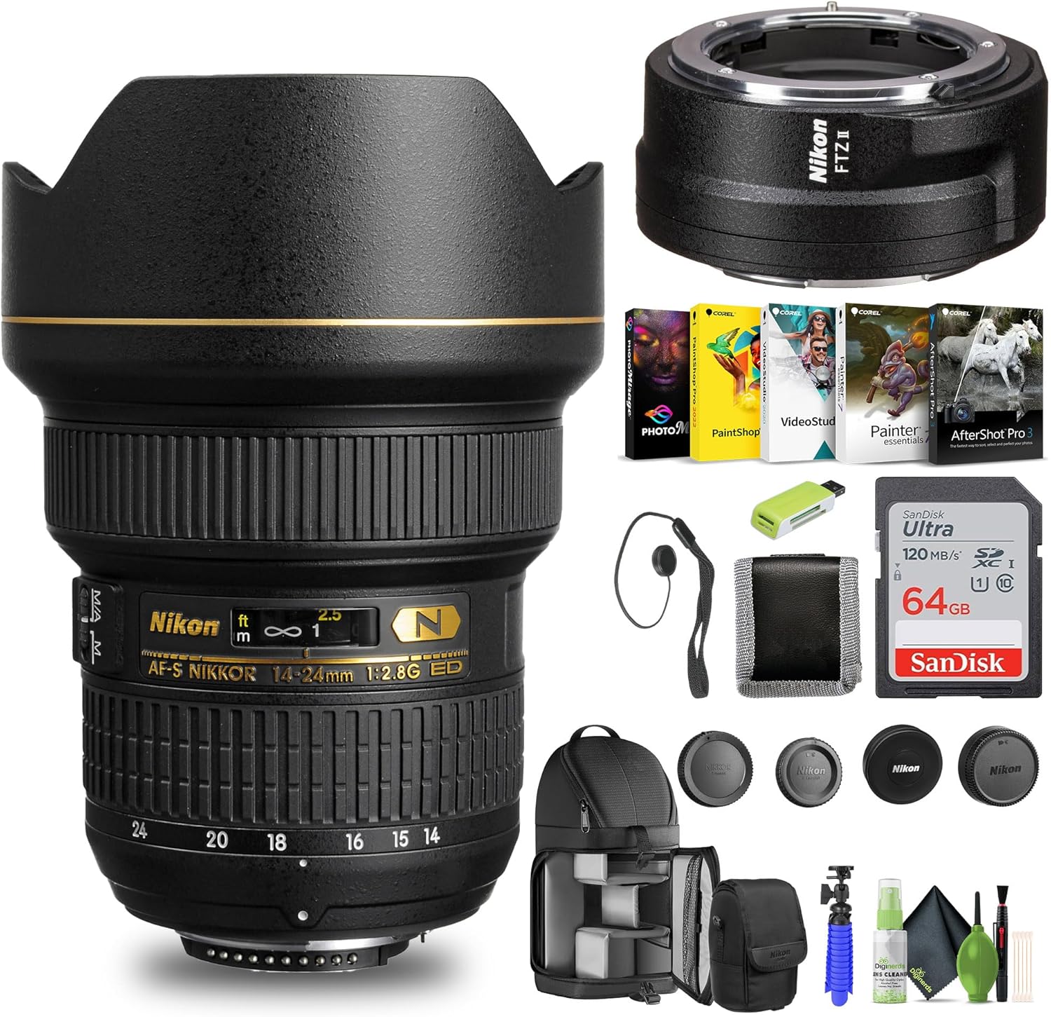 Nikon AF-S NIKKOR 14-24mm f/2.8G ED Lens (2163) + FTZ II Adapter + 64GB Memory Card + Backpack + Card Reader + Corel Photo Software + Flex Tripod + Memory Wallet + Cap Keeper + Cleaning Kit (Renewed)