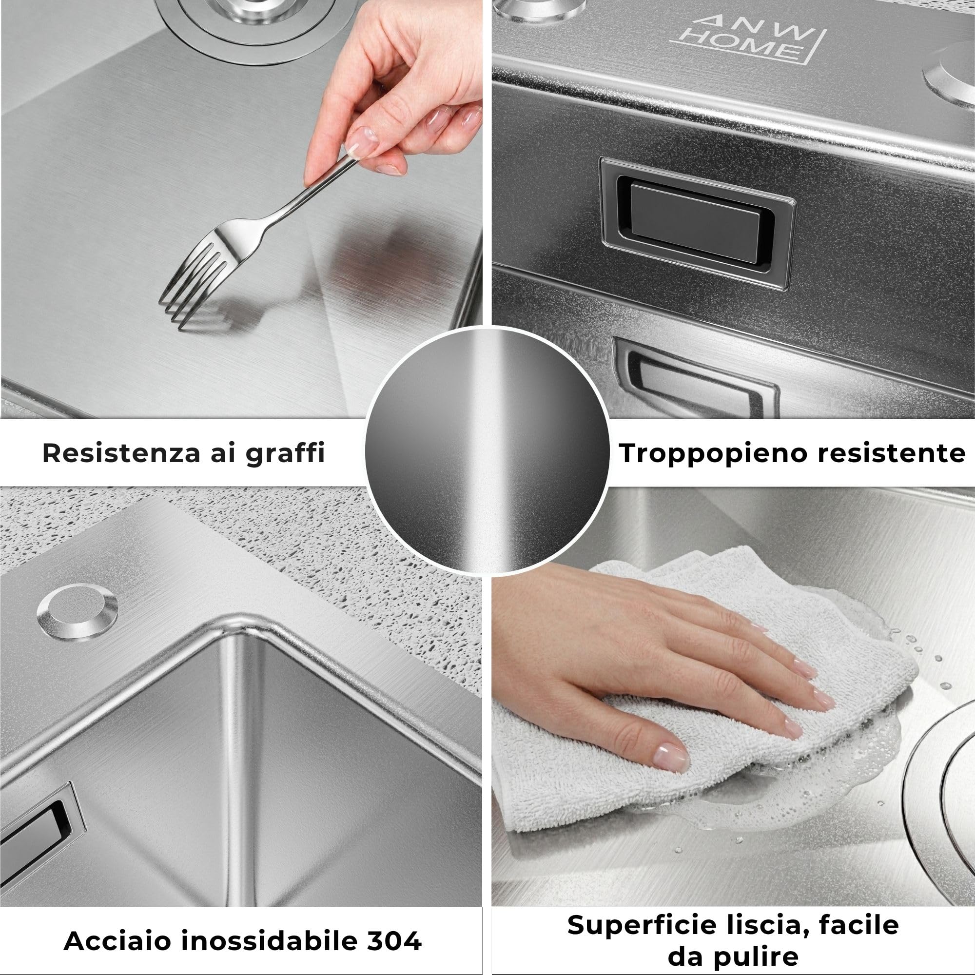 ANW HOME Lavello Cucina 1 Vasca, Lavandino Cucina in Acciaio Inox 304 con Montaggio Superiore, 60x50 cm, Argento, Finitura Nano, Spessore 3+1 mm, Profondità 22 cm, con Sifone