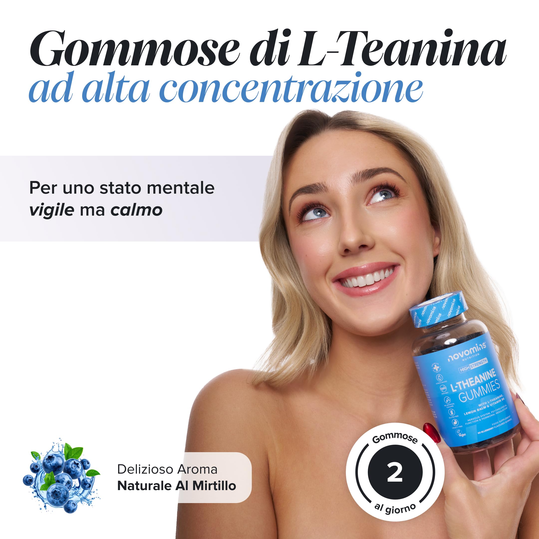 L-Teanina, 200 mg, 60 Gommose, Novomins | Sostiene la Funzione Psicologica, Aiuta a Ridurre la Stanchezza, con L-Teanina e Melissa, Vegano, Halal, Testato da Eurofins