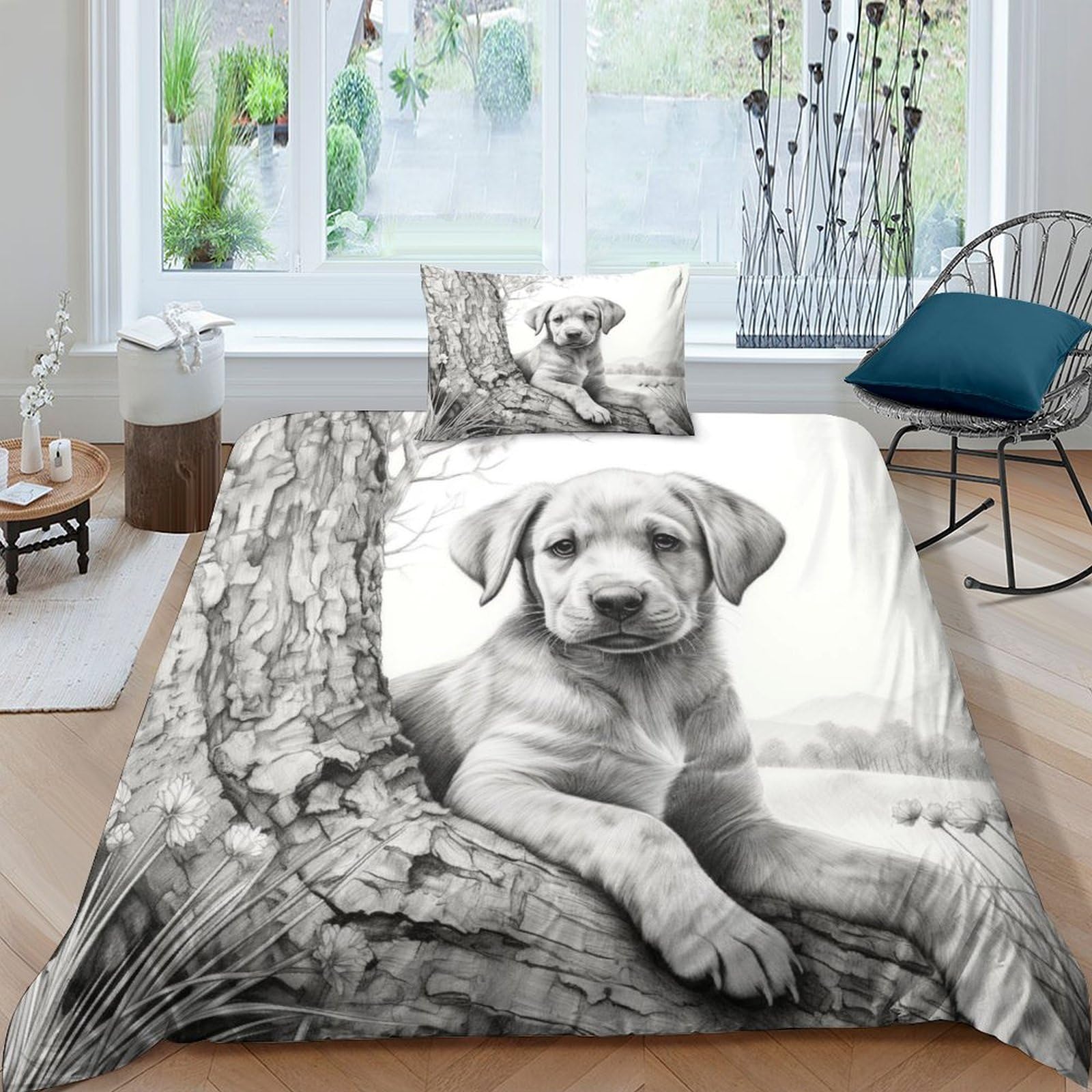 HOTGE Sketch Dog 3 Pieces Duvet Cover Set Animals 3D Printed Bedding Quilt Cover with Zipper Closure for Girls Boys, Ultra Soft Microfiber Bedding Single（135x200cm）