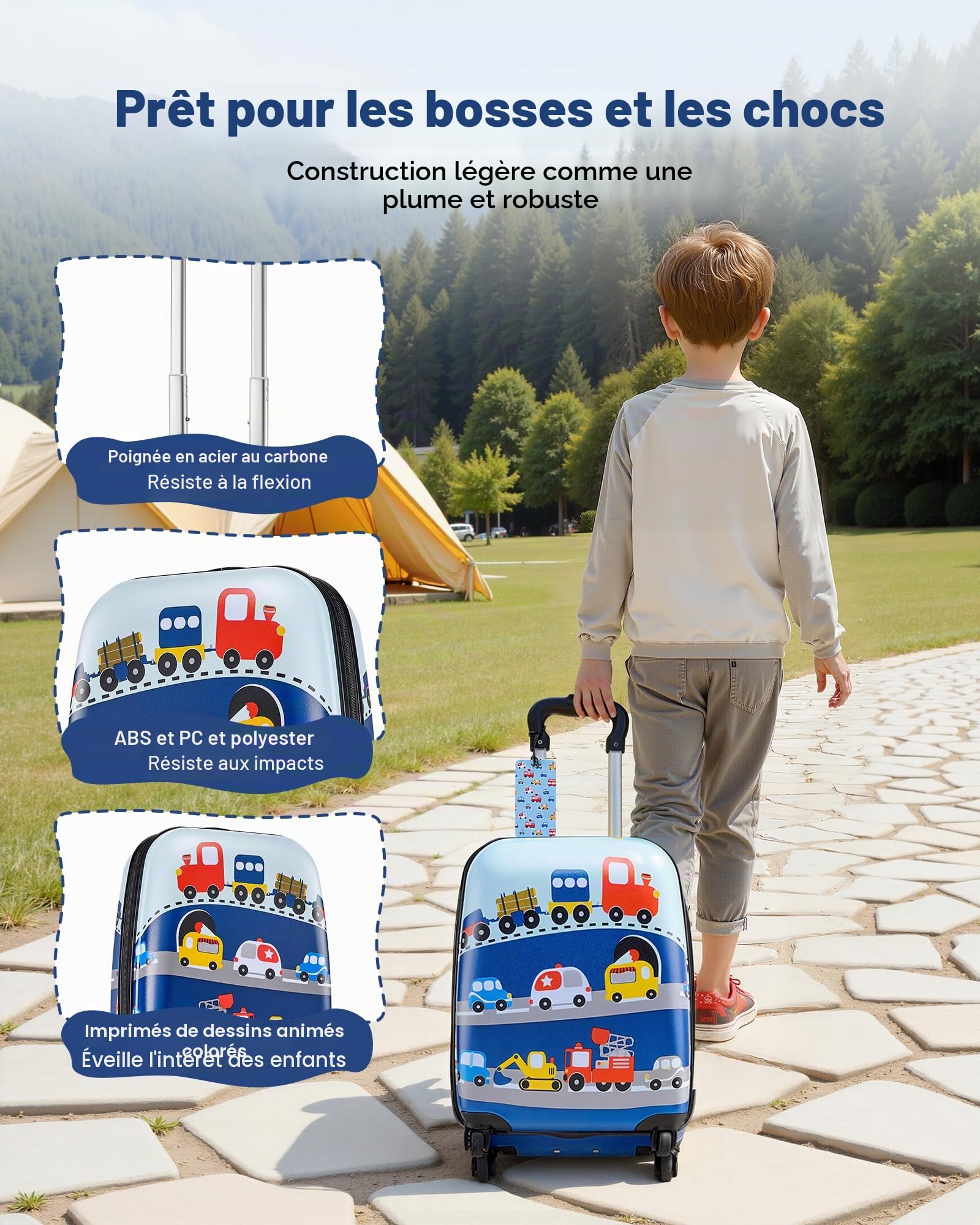 VEVOR Valise Enfant 32x23x45 cm Bagage Enfant Fille Garçon Valise Cabine Rigide à roulettes Motif Camion avec Sac à Dos, Oreiller U, Étiquette Bagages, Sac-Repas, Approuvée par Compagnies Aériennes