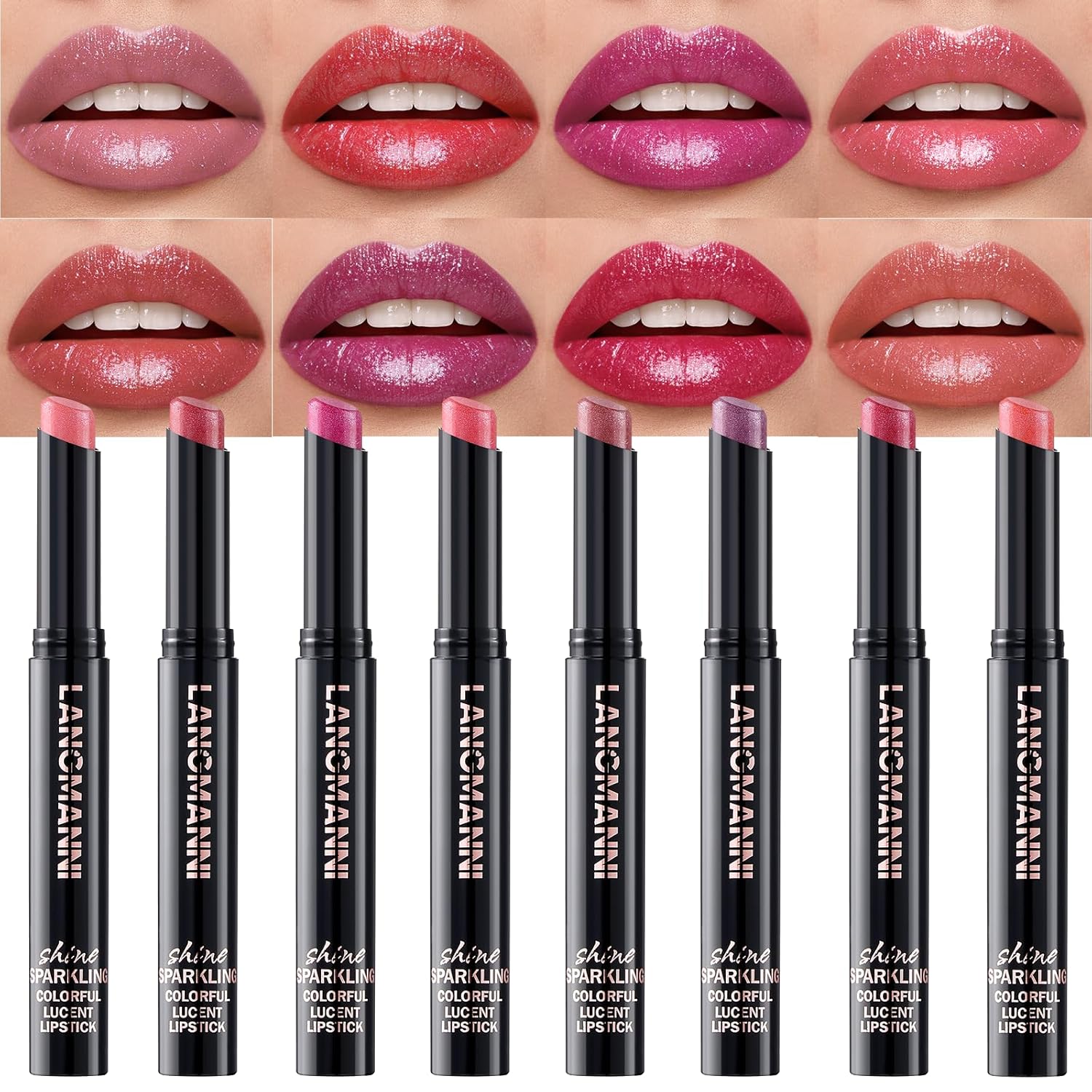 Jolilab 8Pcs Sparkling Lipstick Lip Gloss Long Lasting Waterproof Moisturizer Lip Balm Glitter Shimmer Metallic, Diamond Shiny Bold Glow Goth Lipstick for Women Girls, Non-sticky