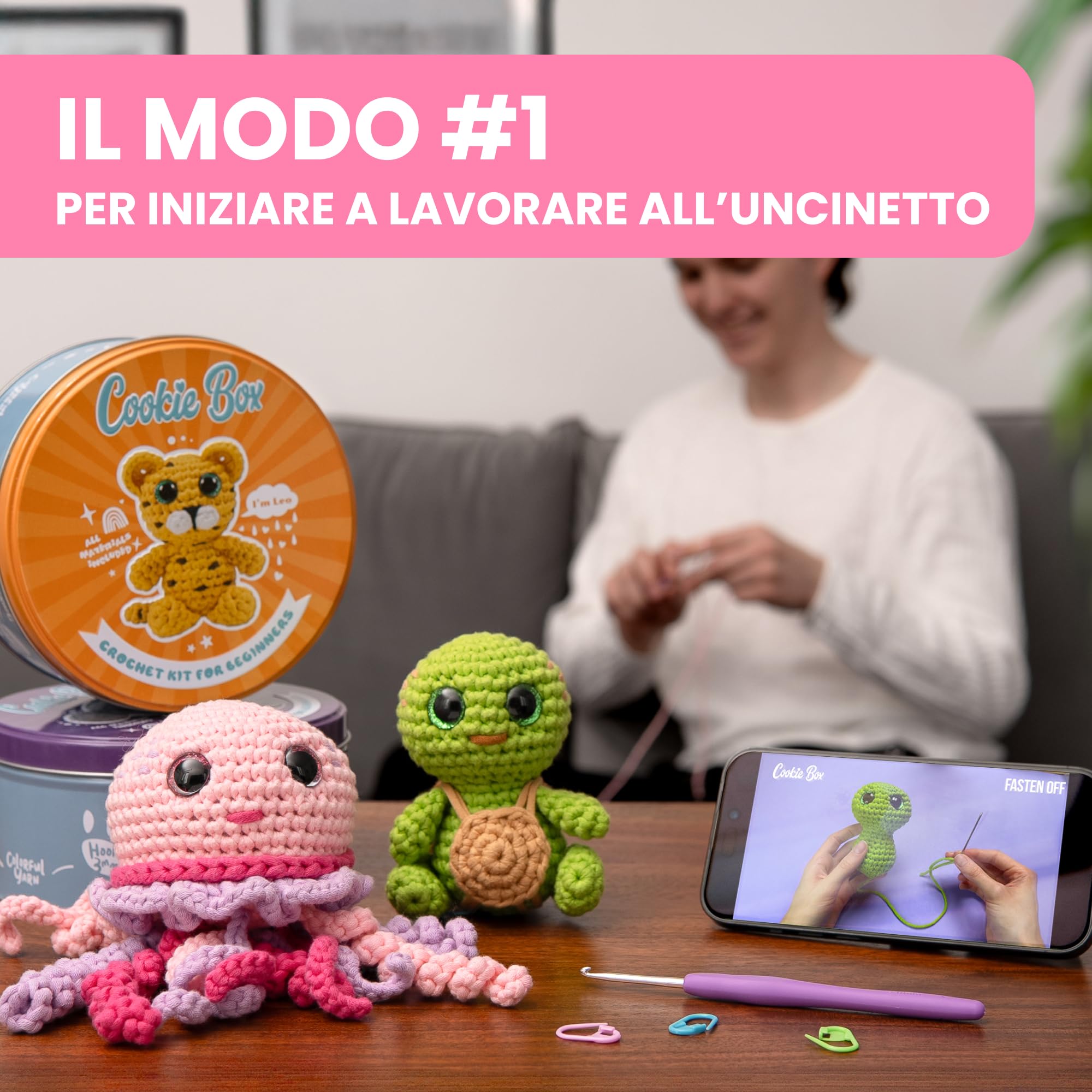 Cookie Box Kit Uncinetto per Principianti – Realizza un Amigurumi Fai-da-Te con Filato, Uncinetto, Imbottitura, PDF & Video – Regalo per Adolescenti e Adulti – Bunny Lola