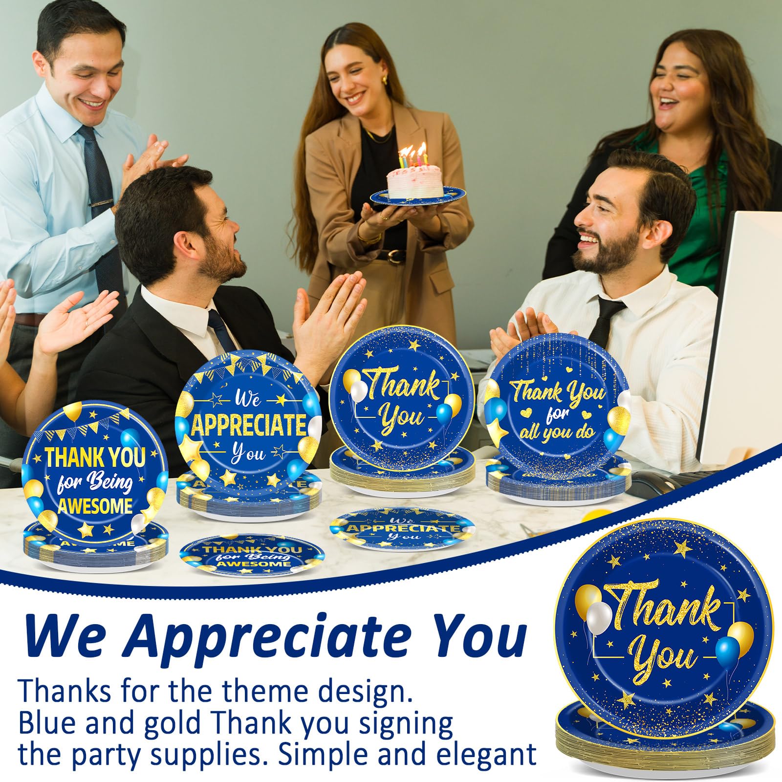 48 platos de papel dorados azules con texto en inglés «We Appreciate You», suministros para fiestas de agradecimiento, vajilla de agradecimiento, platos desechables para profesores, empleados, médicos