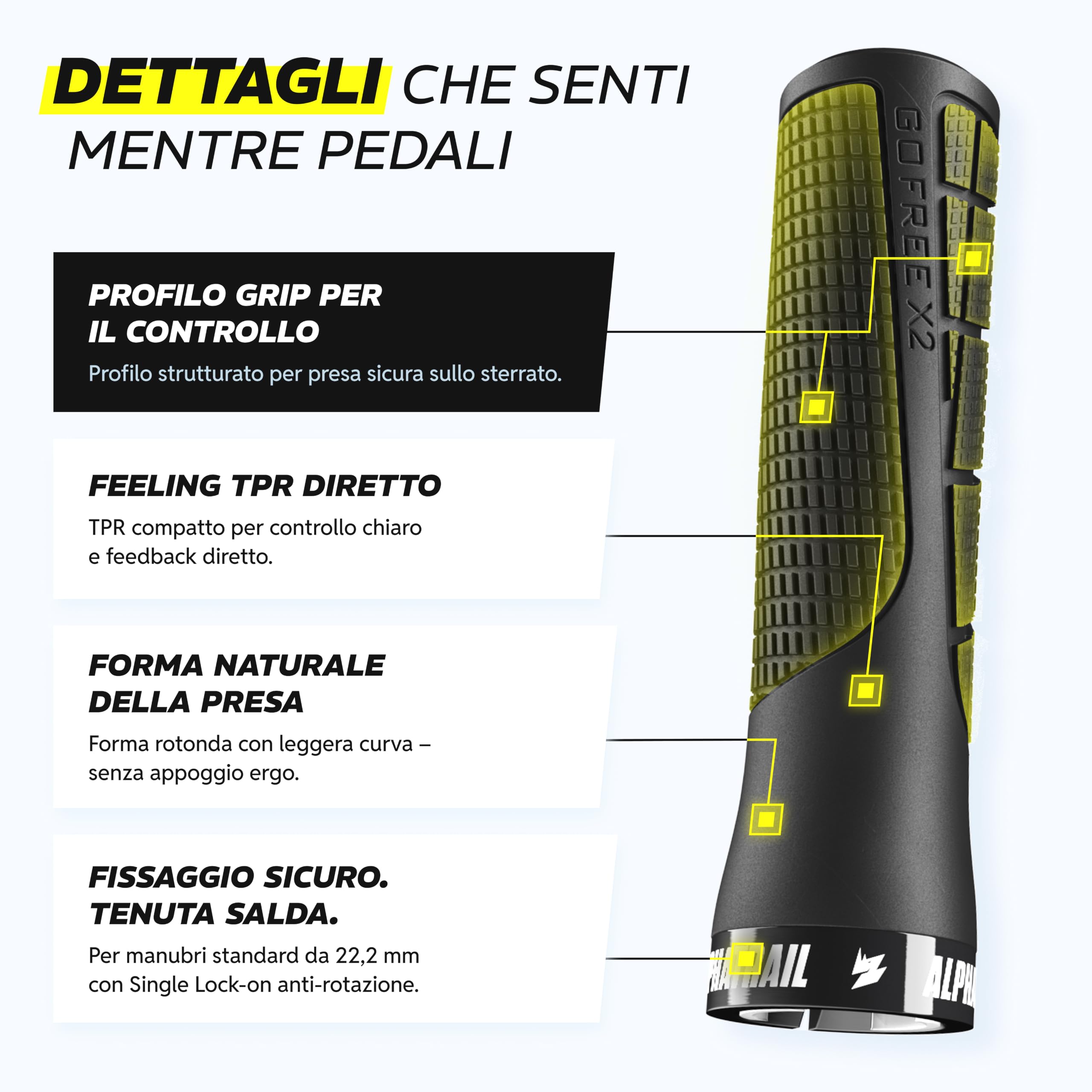 Alphatrail GoFree manopole MTB per bici & e-bike, grip trail con smorzamento, manopole bici lock-on 22,2 mm, 1 paio, 120 g, manopole per bici trail & tour