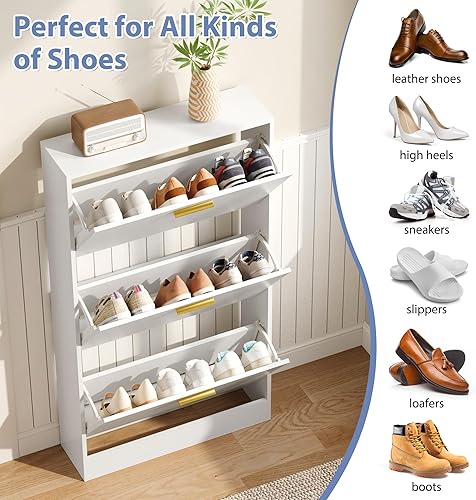 Miniatura 6 de Armario estrecho de almacenamiento de zapatos, zapatero para entrada con 3 cajones abatibles, zapatero oculto de madera con puertas, armario