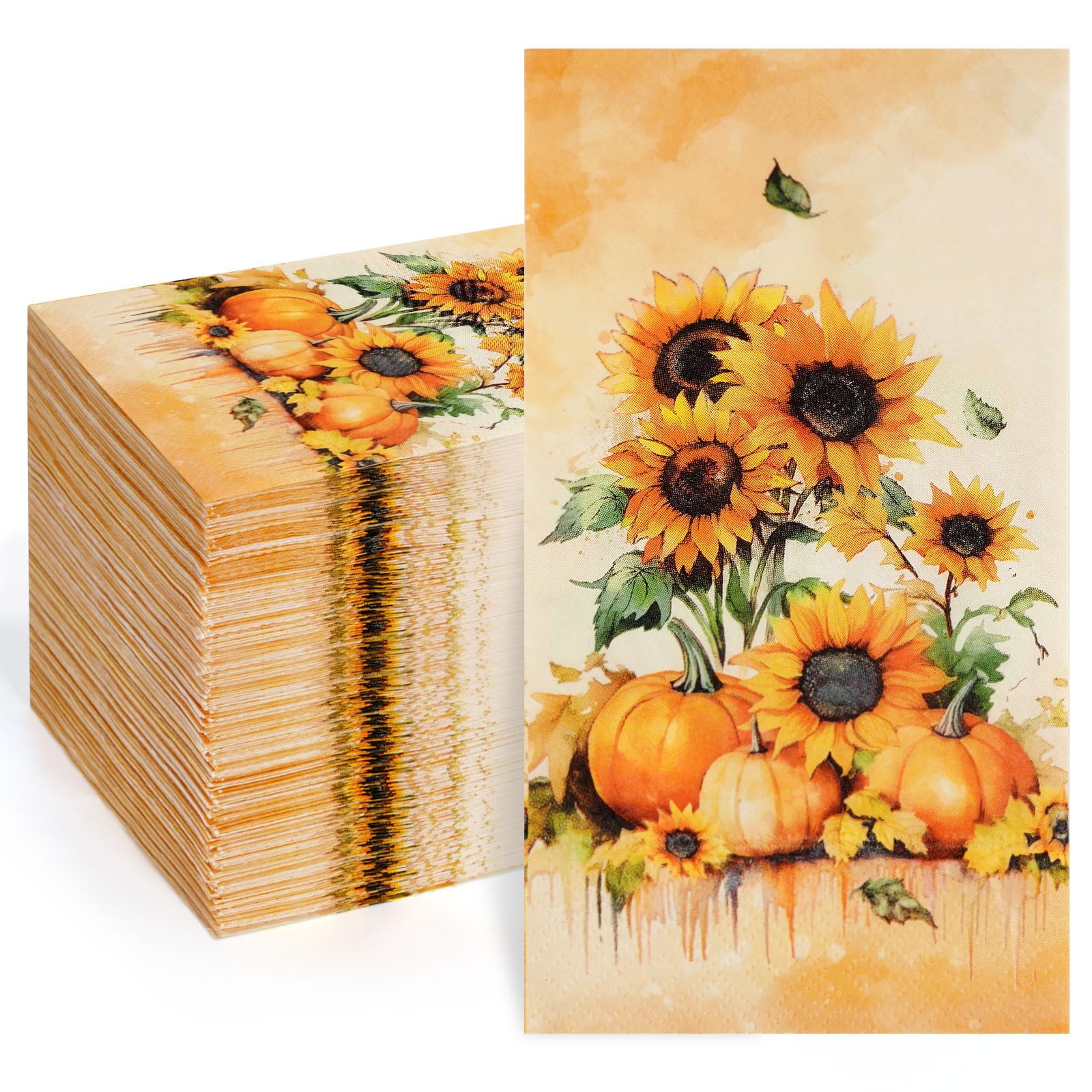 Homlouue 100 PCS Thanksgiving Pumpkin & Sunflower Paper Napkins, 3-Ply Fall Napkins, Thanksgiving Napkins Disposable, Fall Hand Towels Paper, Guest Disposable Hand Towels for Bathroom Kitchen Home