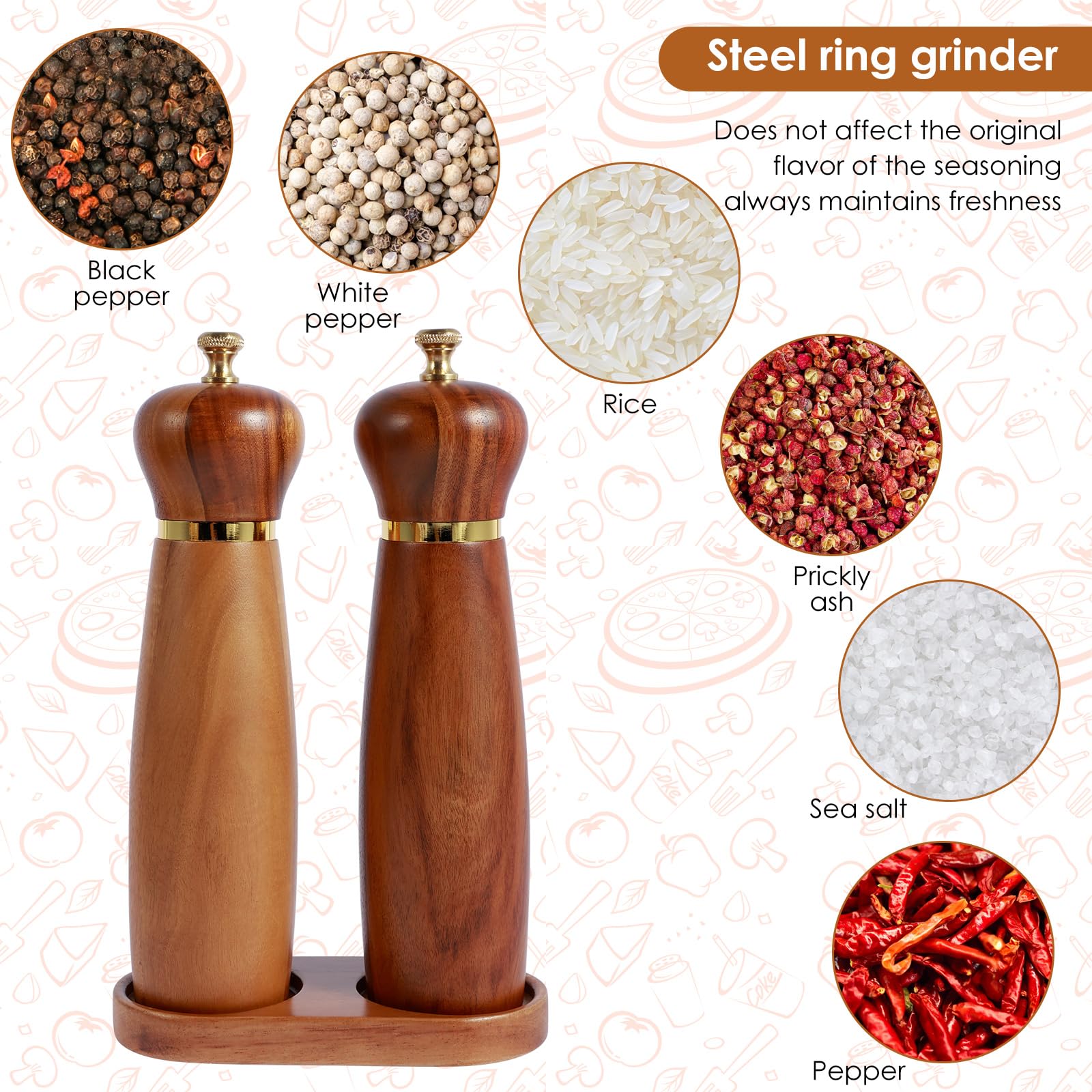 Wooden Salt and Pepper Grinder Set with Base, Coarseness Adjustable Salt Pepper Mill, 8.5 in Manual Salt and Pepper Shakers with Ceramic Core Practical Mill Grinder Set Pepper Mill for Home Kitchen