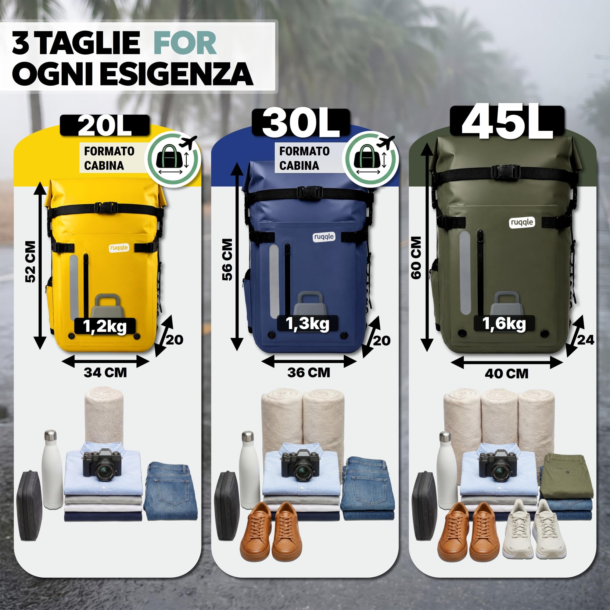 Ruqqle Zaino Impermeabile Multiuso, Waterproof Dry Bag 20/30/45L, con 3 Tasche Esterne, Borsa Impermeabile Comodo ideale per Viaggi Spiaggia Mare Barca Canoa Kayak Moto Trekking Campeggio Pesca
