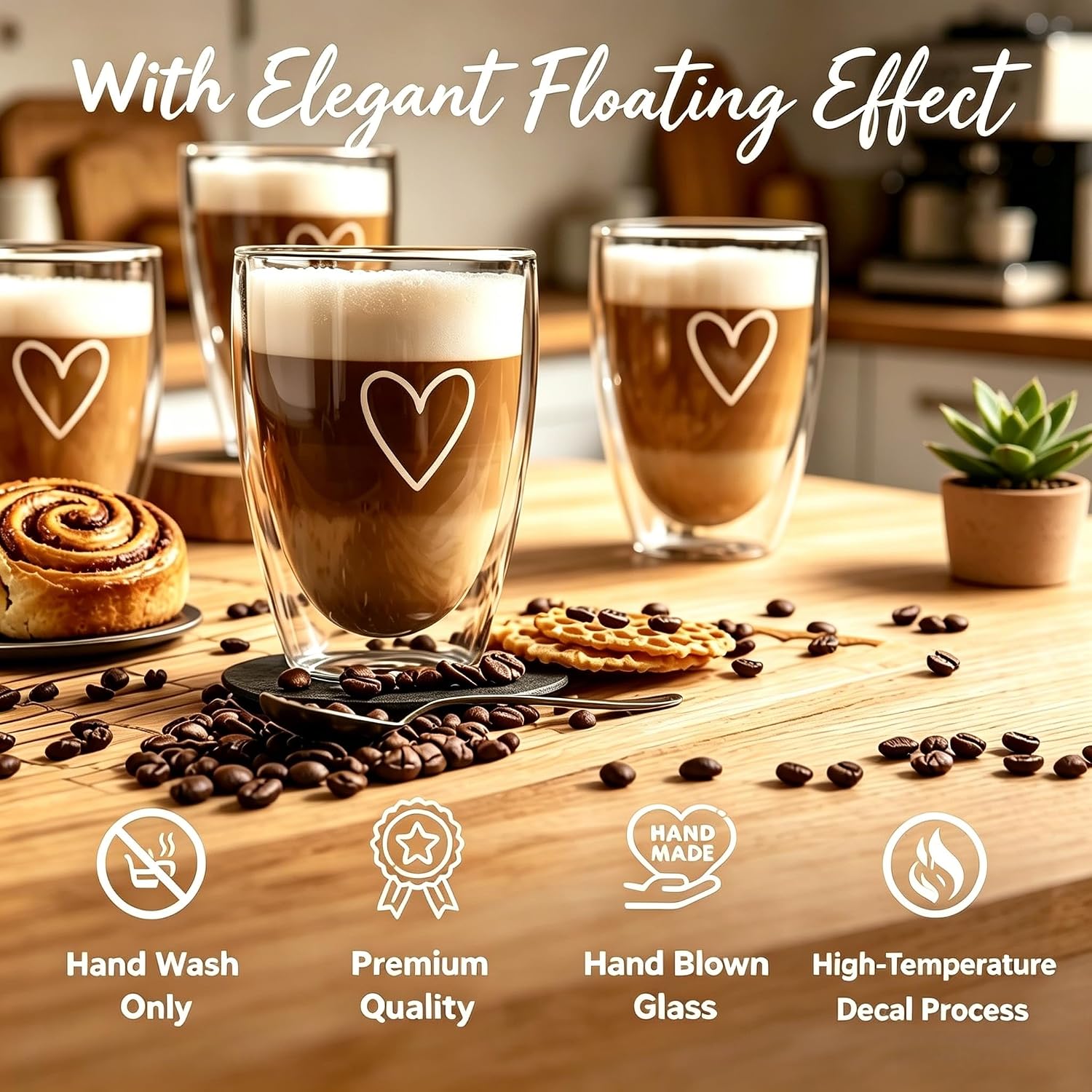 Double Walled Glass Coffee Mugs Heart -Set of 2, 12oz Latte Macchiato Cups