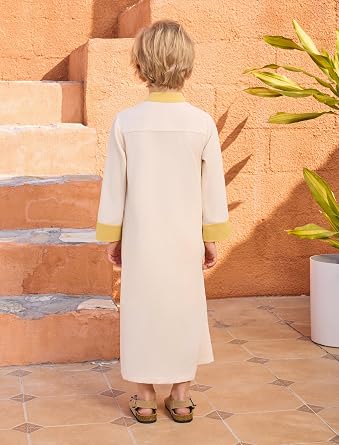 OBEEII Boy's Muslim Arab Solid Color Thobe Long Sleeve Kaftan Embroidered Robe Islamic Arabic Abaya Thobe