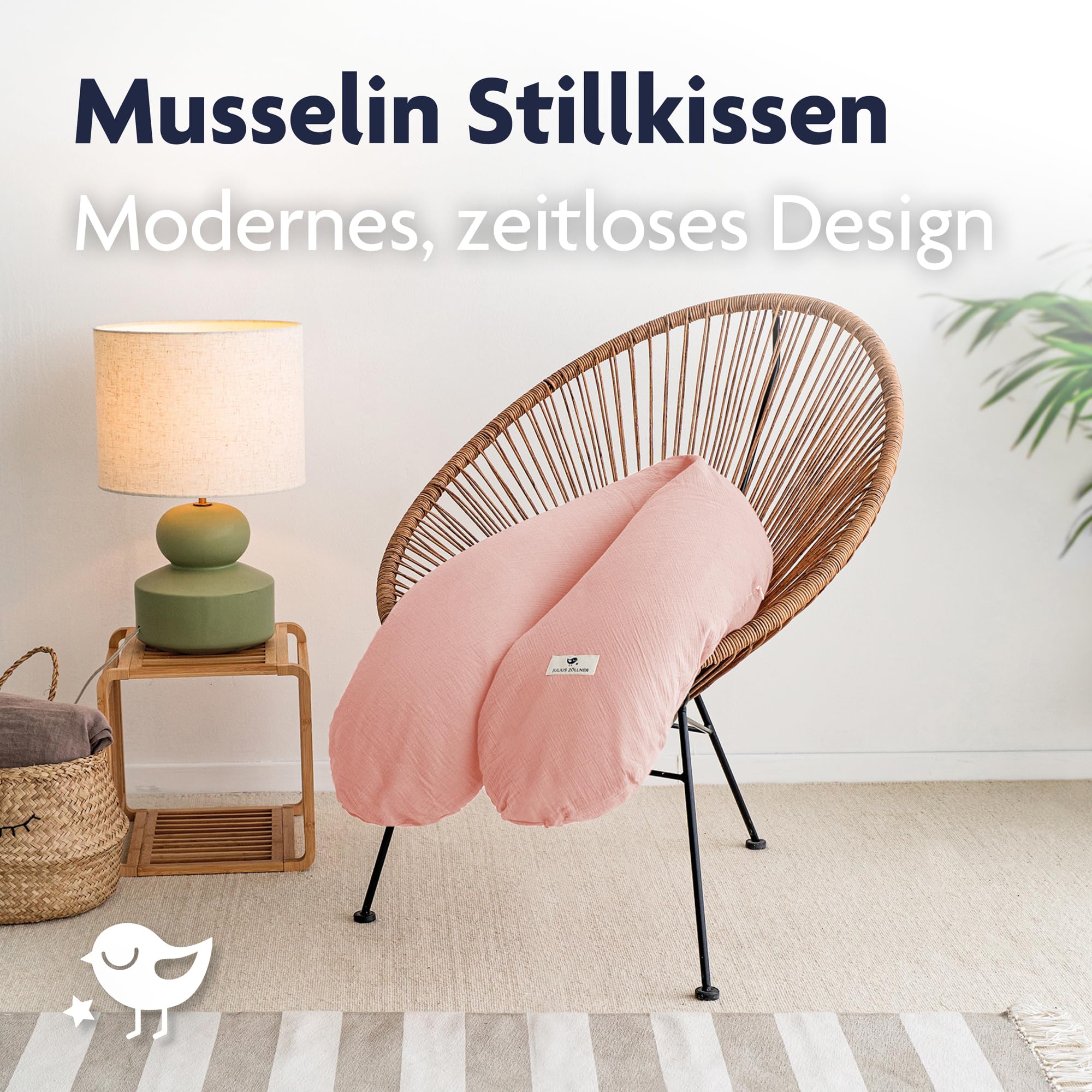 Julius Zöllner Cojín de Lactancia de Muselina, Aprox. 190 cm, Relleno de 42 litros de microperlas EPS, Fabricado en Alemania, Funda de Muselina de algodón 100%, Öko-Tex® Standard 100, Rosa pálido