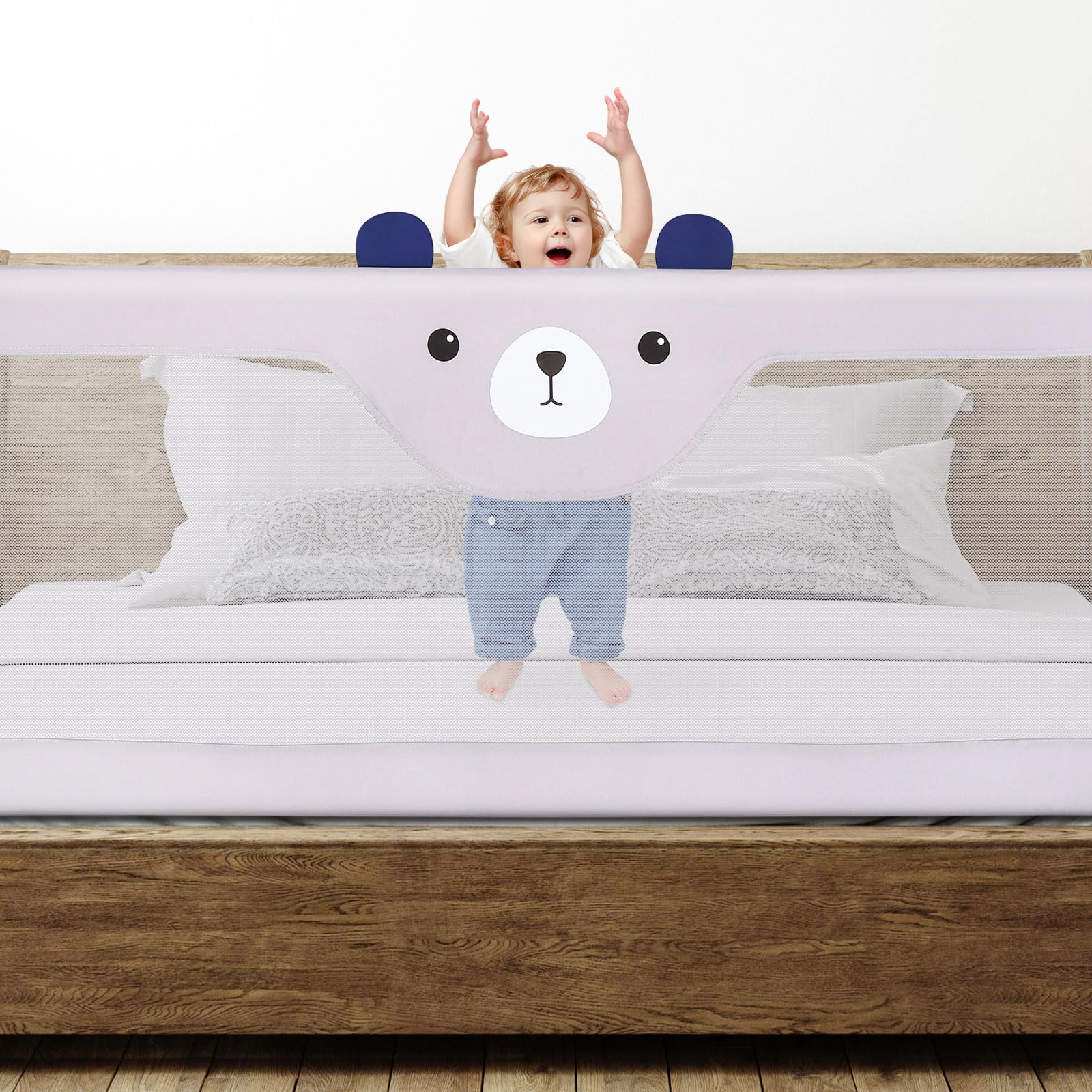 LANTUS Barriera per Letto Bambini 200 cm, Protezione Dalle Cadute Accidentali, Altezza Regolabile, per Letto di Famiglia e Lettino,Grigio - 200 * 100 * 26 cm - Orsetto