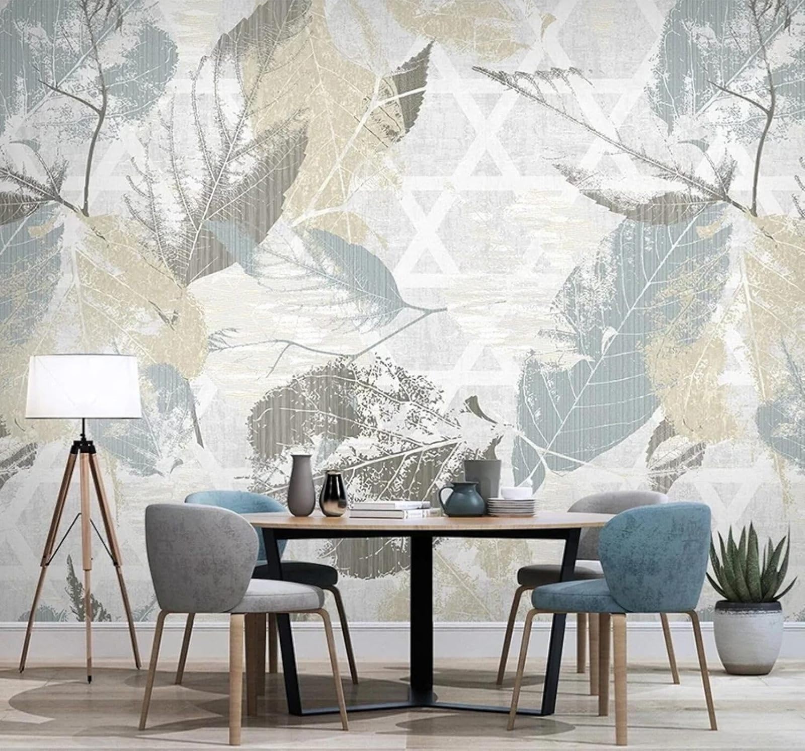 XLMING Retro Plants Leaves Abstract Geometric 3D Wallpaper Silky Texture Home Study Office Grey Dining Room Sofa Bedroom Living Room TV Backdrop-250cm×170cm