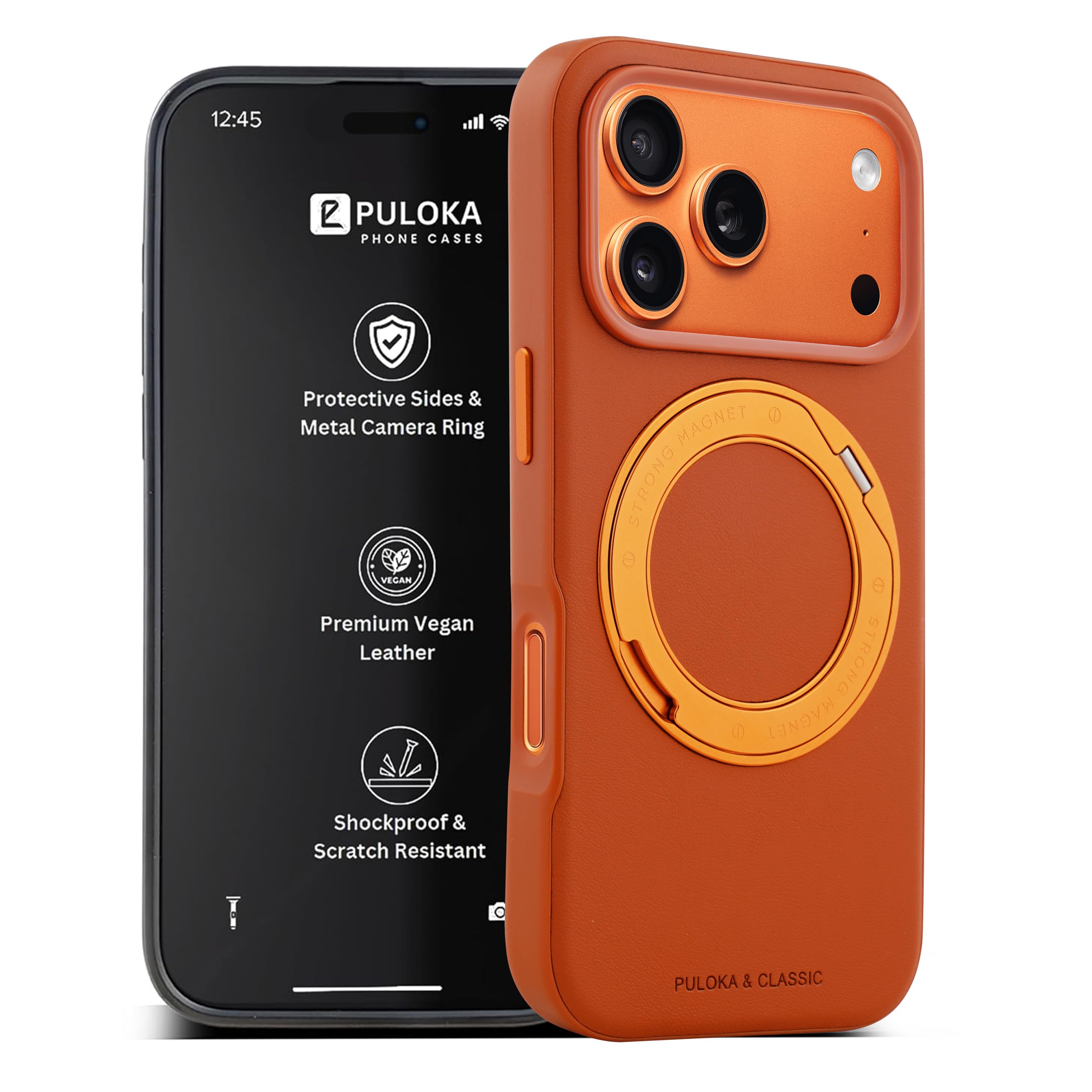 PULOKA Ultra Hybrid Bracket Leather Back Case for iPhone 17 Pro with Magfit Compatible Built-in 360° Rotating Alloy Stand Strong Magnetic Ring Shockproof Slim Protective Cover - Orange