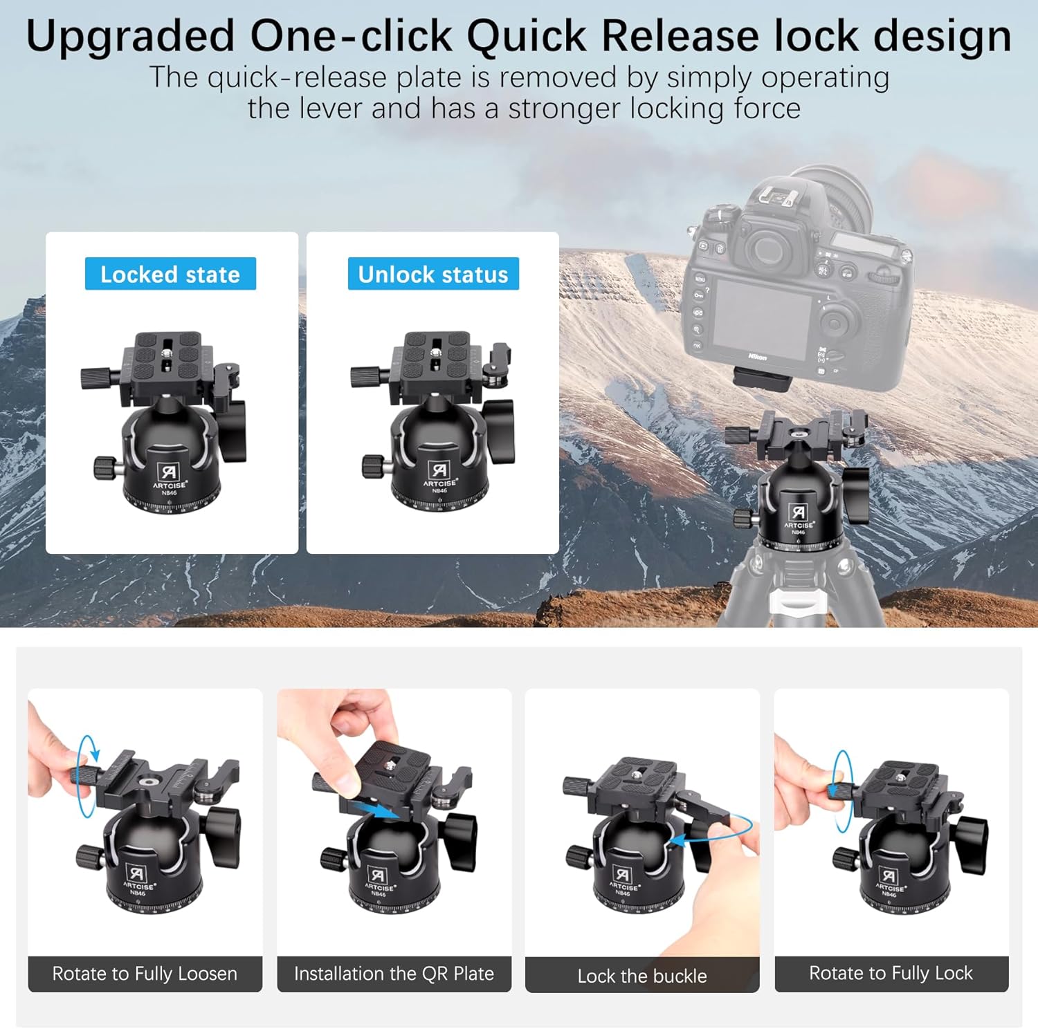 ARTCISE 46mm Low Profile Tripod Ball Head, Lever Release, Stainless Steel Lock Pin, Arca Swiss Quick Release Plate, 360° Panoramic, for DSLR Camera Camcorder Telescope Monopod Slider, Max Load 55lbs