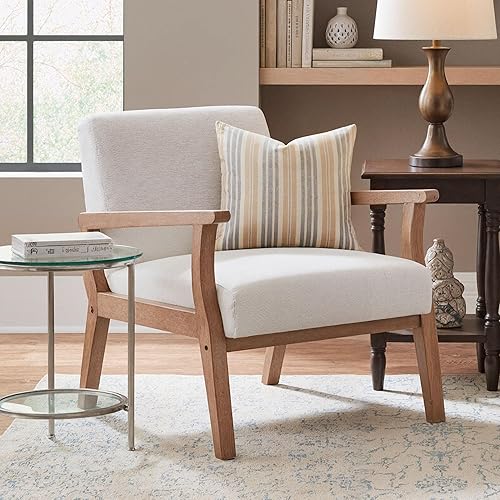 Miniatura 5 de HNY Sillón de mediados de siglo con marcos de madera, sillón tapizado de lino, para sala de estar, dormitorio, marfil Marco de madera dura natural