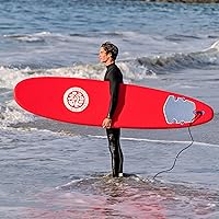 Vista 3 de Tabla de surf de 8 pies con parte superior suave roja con diseño de Wavizm azul gráfico inferior