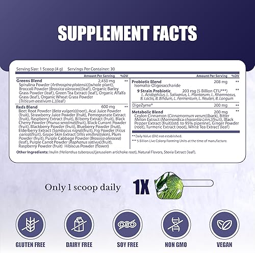 Miniatura 4 de Greens Superfood Powder - Suplemento en polvo verde con espirulina, probióticos y enzimas digestivas - 44 superalimentos, energía, apoyo metabólico