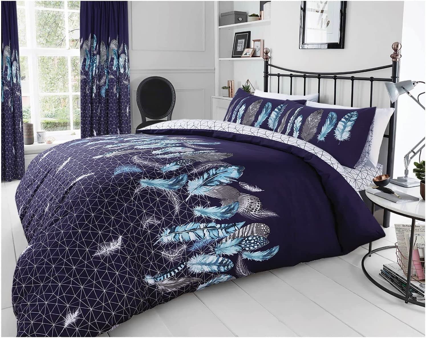 Fairwayuk Feathers - Navy Feathers Navy Duvet Cover Set King, Reversible Quilt Bedding With Pillowcase, Ultra Soft, Easy Care