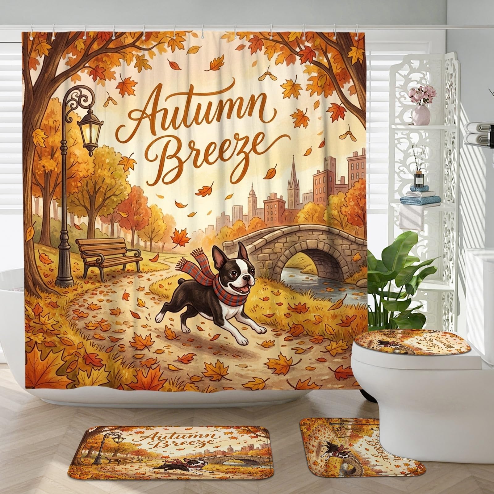 Rideaux de douche motif chien Boston Terrier, ensemble de bain avec tapis de toilette en U
