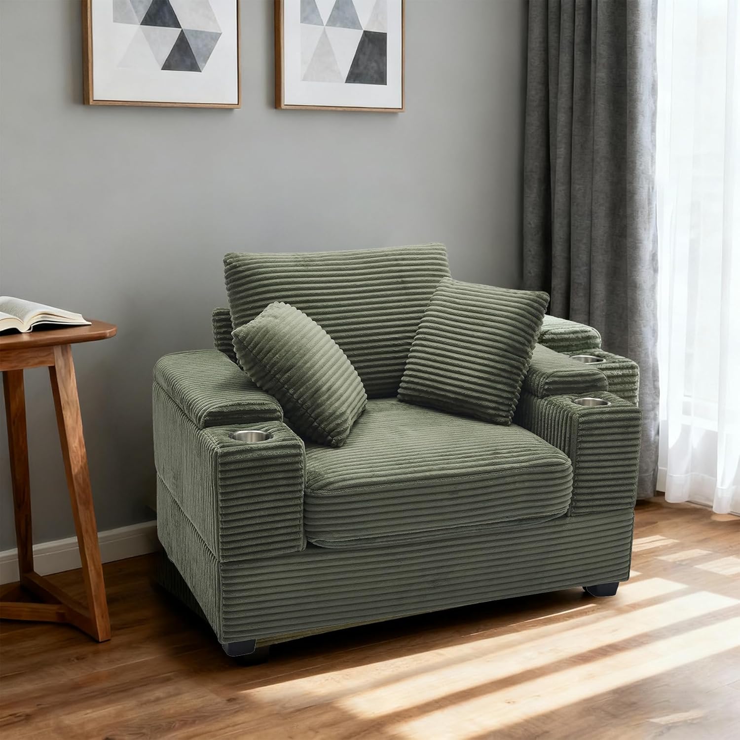 Chaise Lounge Chair Indoor, 49.8" Upholstered Corduroy Sofa Bed with Handrail Storage, Wood Frame Sleeper Couch Sofa Reading Chairs for Living Room, Office, Bedroom, Dark Green