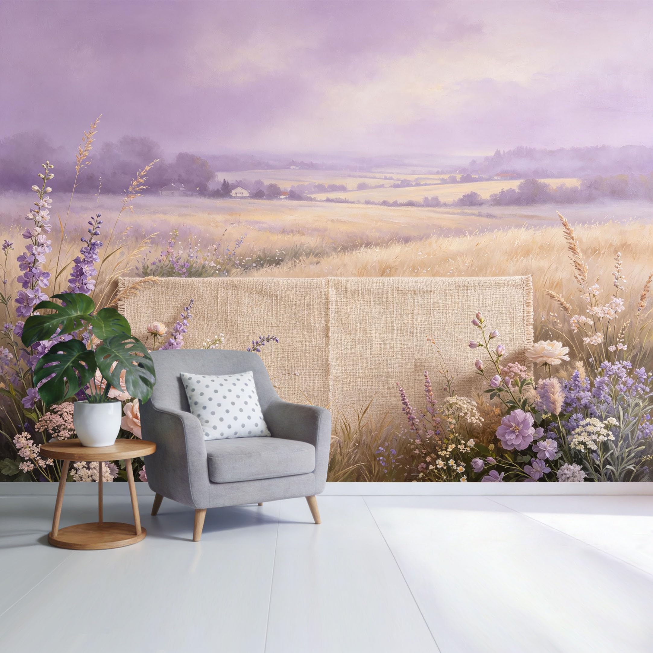 Custom Size Wall Mural Lavender Field Landscape Pastel Floral Meadow Watercolor Style SelfAdhesive Wall Fabric Removable Wallpaper for Home Office Decor