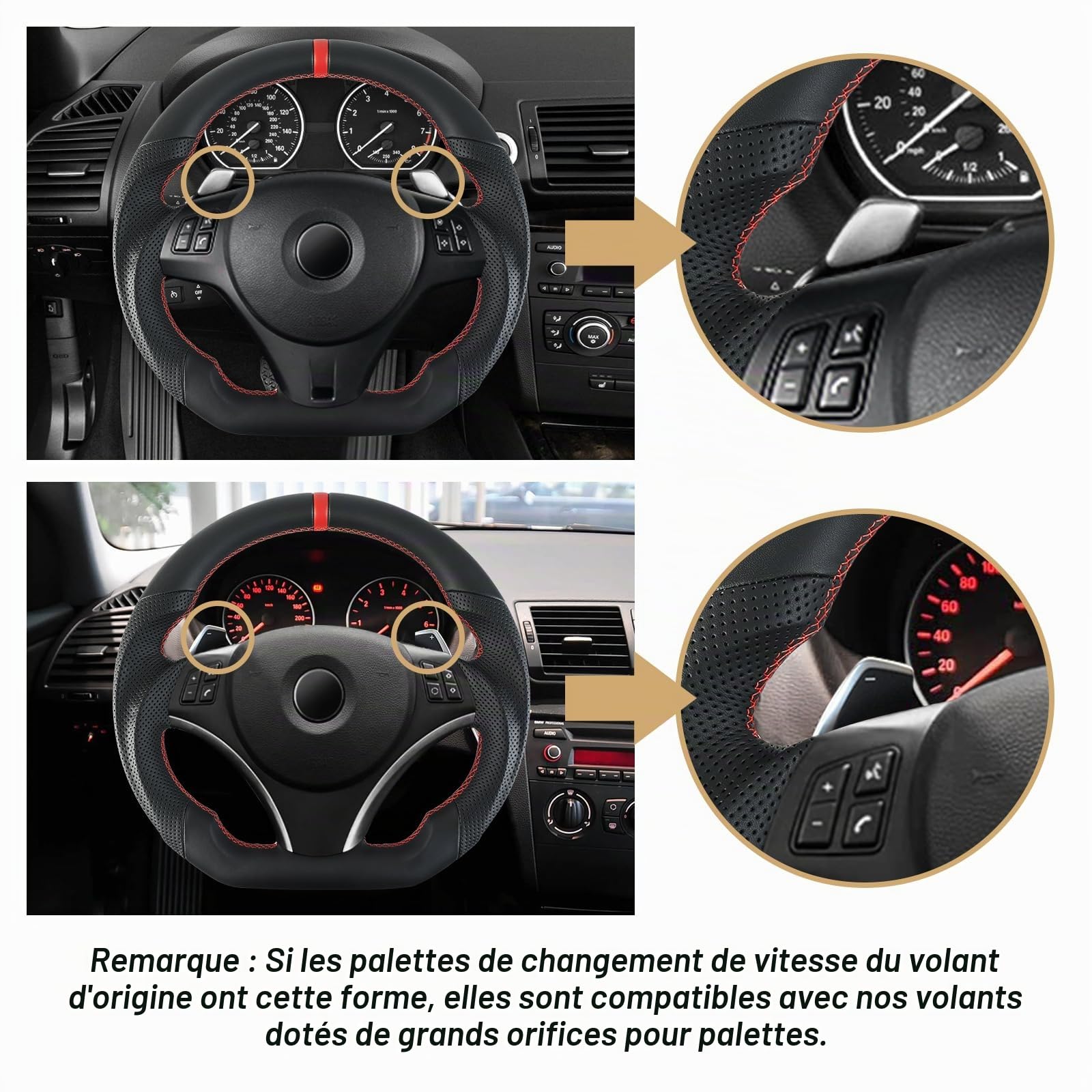 Cuir Plein - Volant antidérapant avec revêtement en cuir D-forme avec base plate et coutures rouges pour BMW M Sport 1/3 Series M3/E88 E90 E91 E92 E93 2005-2012