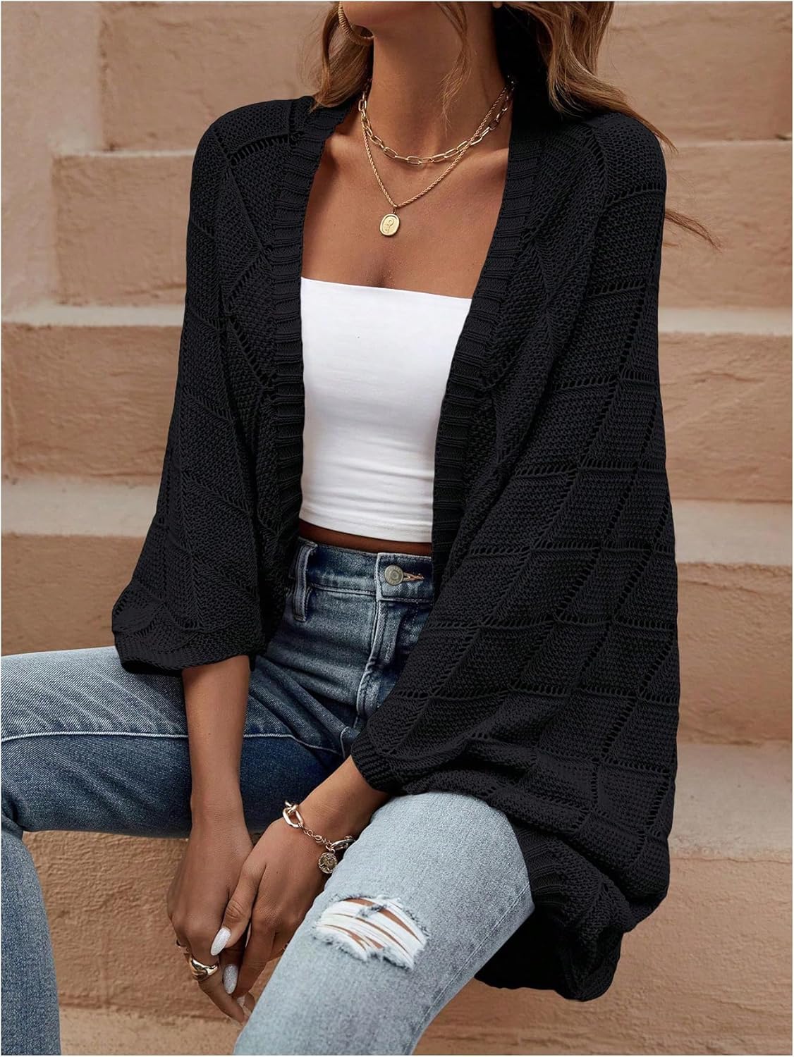 Floerns Women's Open Front Dolman Sleeve Loose Cardigan Sweaters Shrugs Ribbed Knit Tops Casual - Image 5