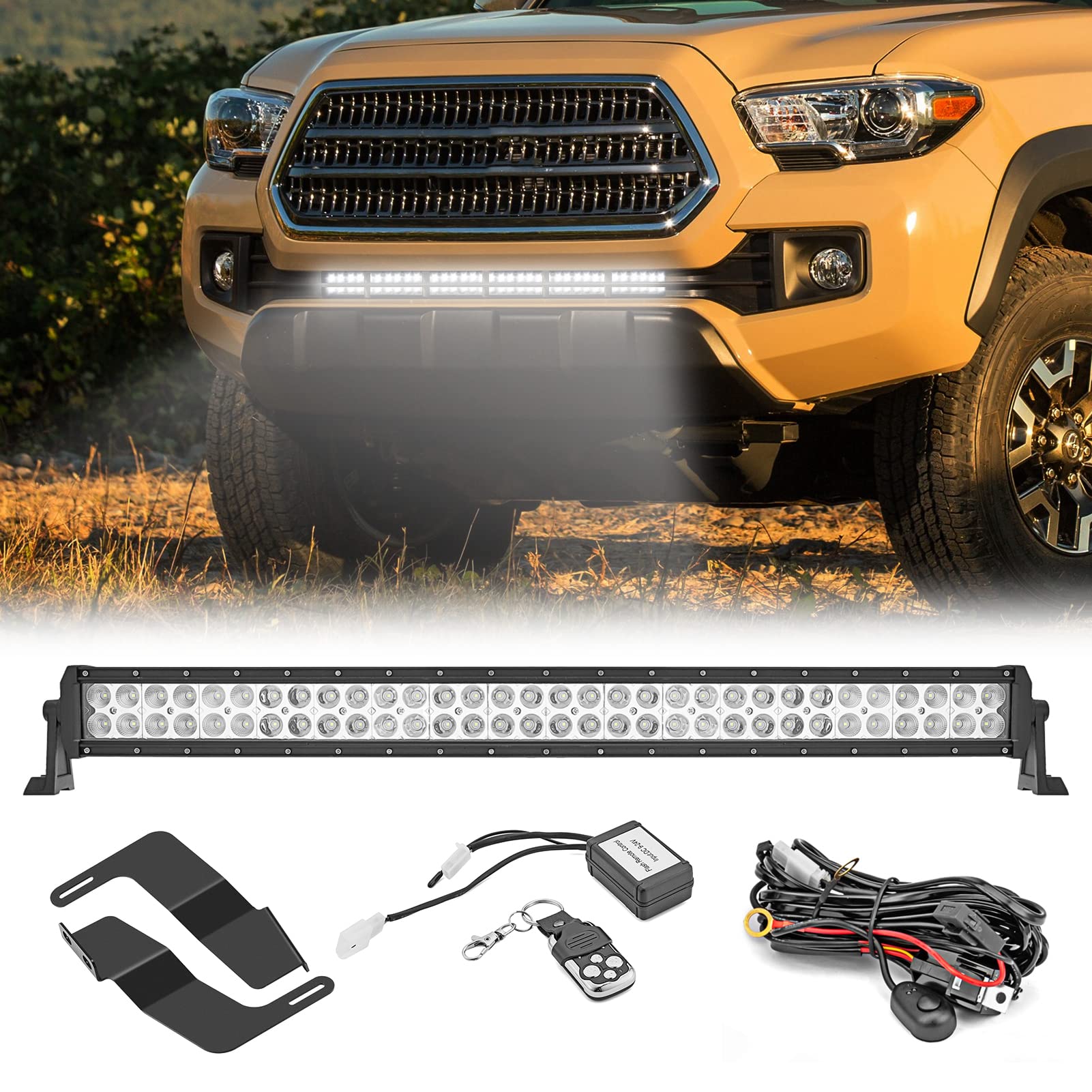 Mofun 180W 32" LED Light Bar w/Remote Switch Wiring Kit & Front Bumper Mount Brackets Compatible with 2016-2022 Toyota Tacoma