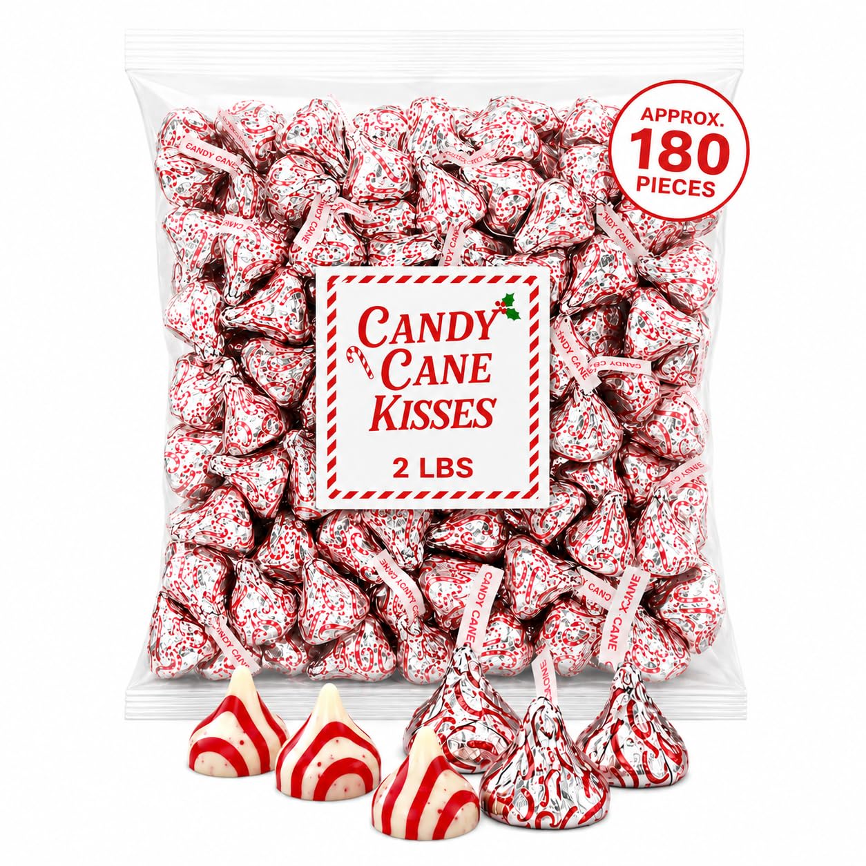 Candy Cane Kisses Peppermint Candy 2 LB Bag, Approx. 180 Individually Wrapped Pieces, Christmas Chocolate Candy for Stocking Stuffers, Candy Bowls, Baking, Parties, Gift Baskets & Holiday Sharing