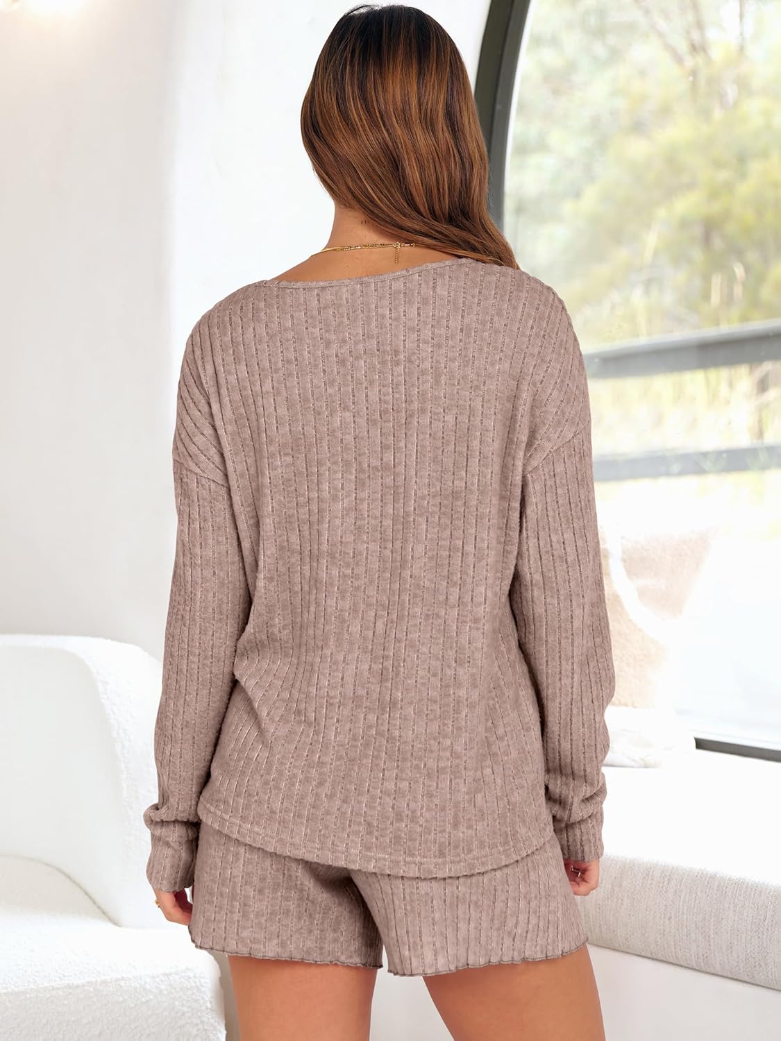 ANRABESS Women's 2 Piece Lounge Pajama Sets Casual Ribbed Long Sleeve Top Matching Shorts Sleepwear PJ Set 2025 Fall Outfits - Image 4