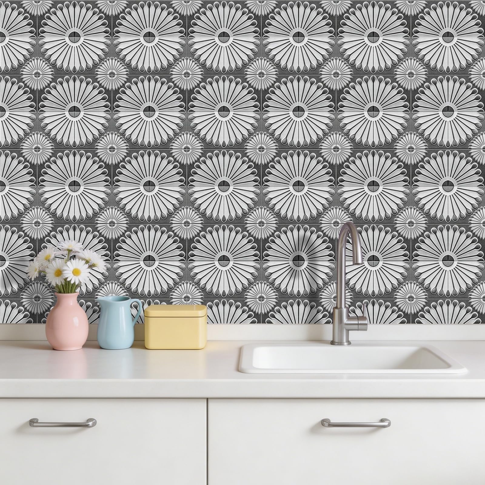 Stick on Tiles Mandala Dark Grey Tile Stickers for Bathroom Kitchen Backsplash Waterproof Tile Covers for Fireplace Surround Cabinet Furniture Stick on Kitchen Tiles 20x20 cm/10 pcs