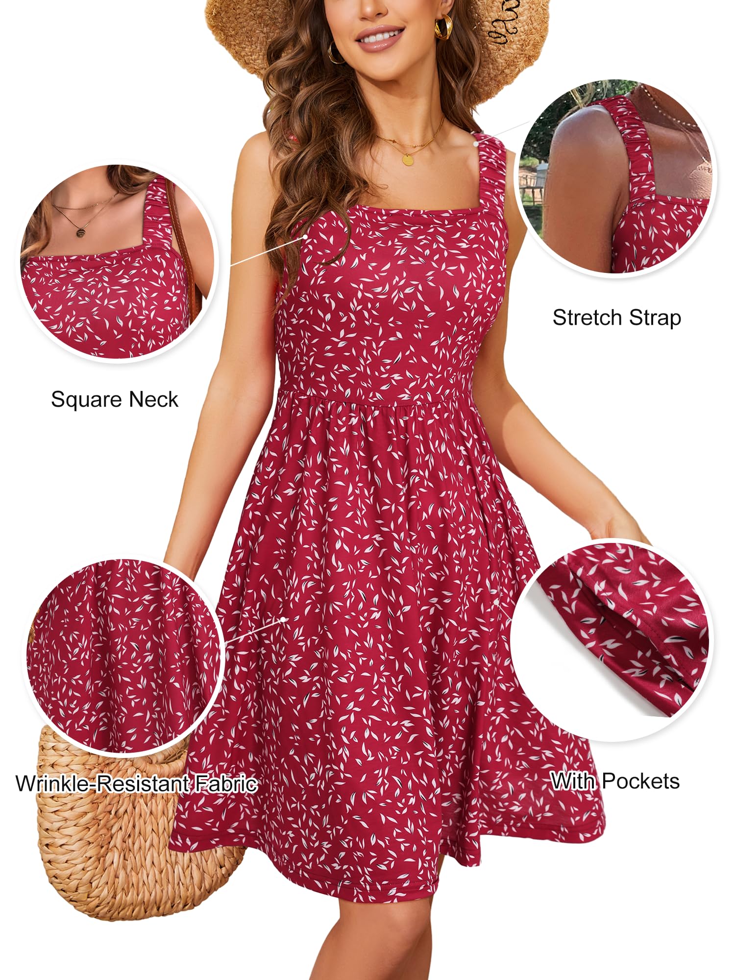 HUHOT Women's Summer Casual Square Neck Dress with Pocket Cute Sleeveless High Waist A-line Sundress Midi Dresses 2026 Yellow XL: X-Large Red Flower-1